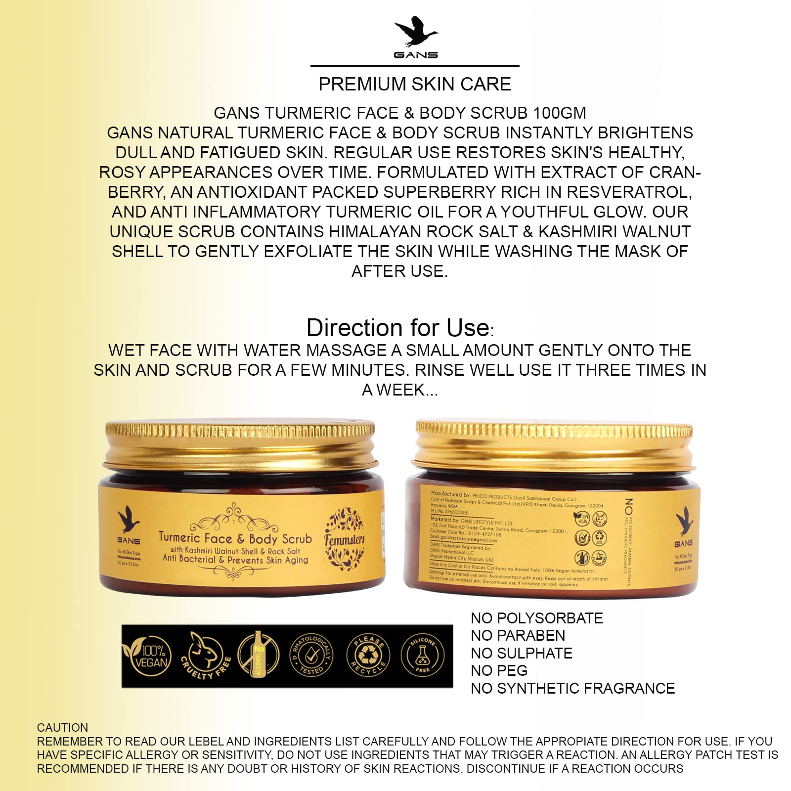 Gans Skincare Turmeric (Haldi) Face & Body Scrub 100g - All Natural Exfoliator with Turmeric, Cranberry & Coconut Oil for Skin Brightening, Rejuvenation & Hyperpigmentation - Removes Dead Skin, Tan & Blemishes for Instant Glow - Perfect for Daily Skincare Routine & Spa Treatments