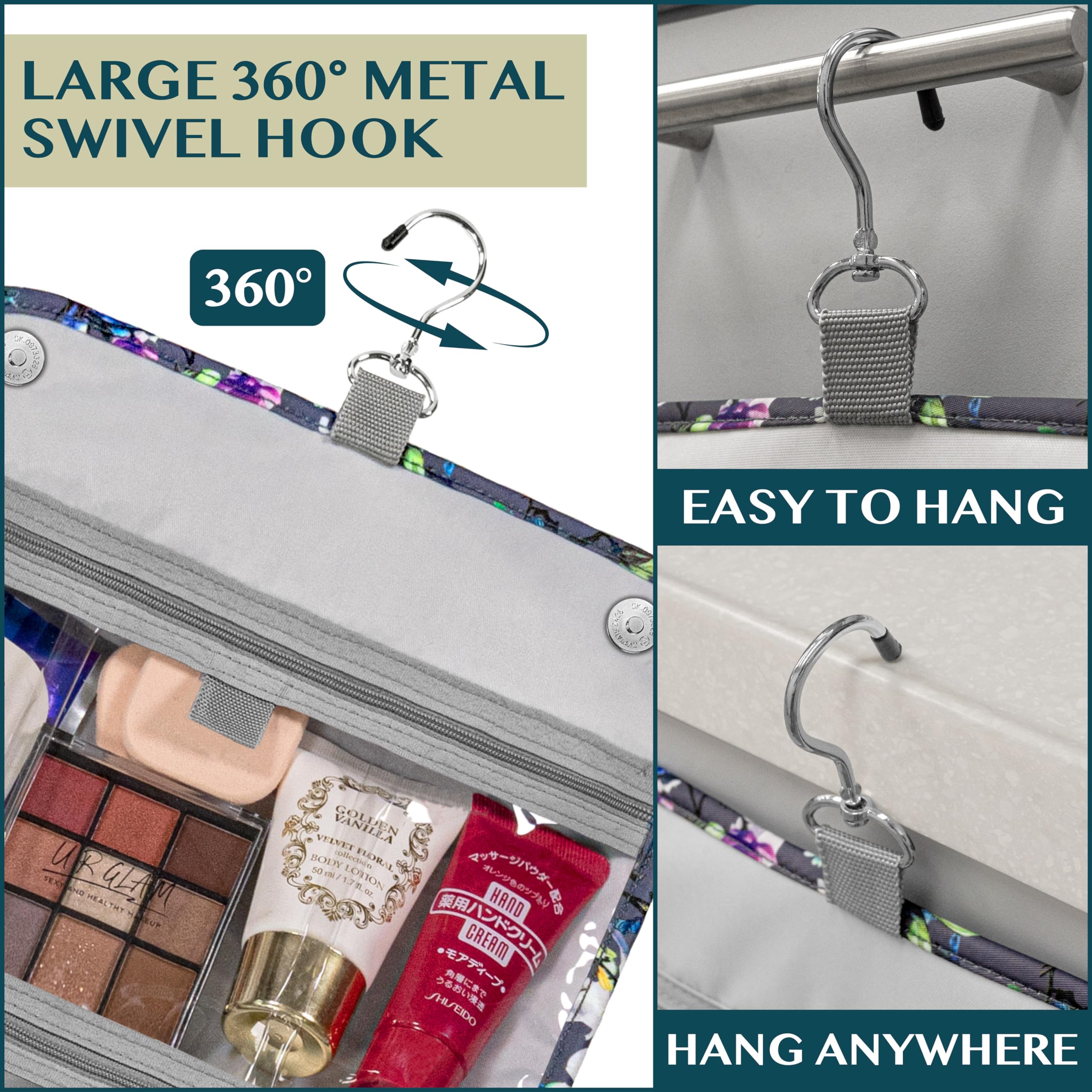 PAVILIA Hanging Toiletry Bag for Women & Men - Foldable Water-Resistant Cosmetic Organizer, Large Travel Makeup Bag with Multiple Pockets - Perfect for Camping, Gym, Business Trips & Vacation Essentials (Grey Floral)