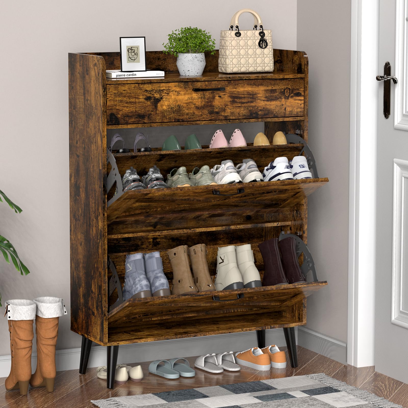 EasyCom 12-Pair Shoe Storage Cabinet with 2 Flip Drawers & Top Compartment - Freestanding Entryway Shoe Organizer with Metal Legs, Rustic Brown - Perfect for Small Spaces, Closet Organization & Entryway Storage