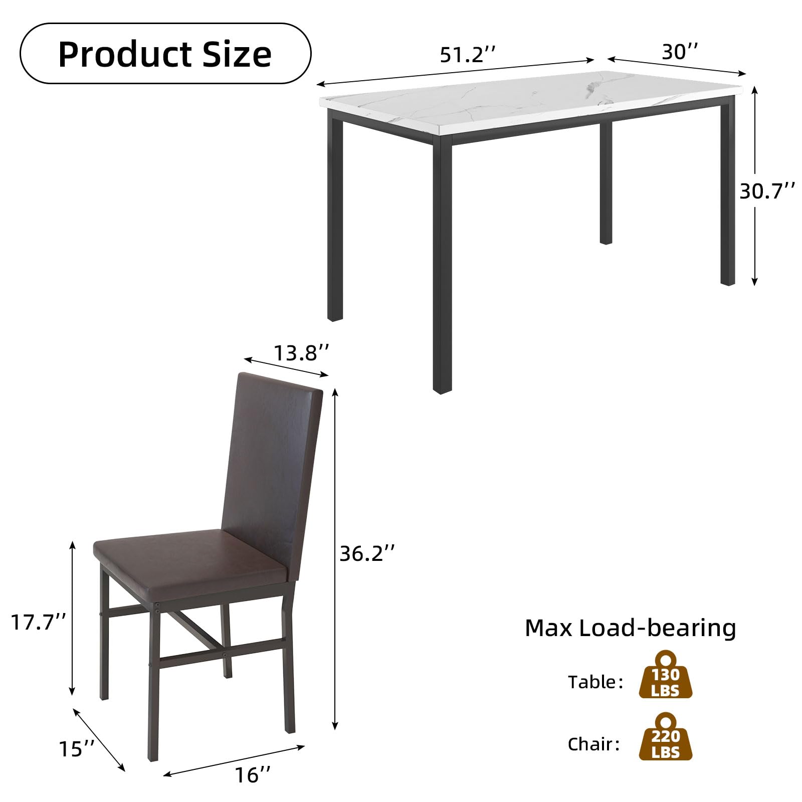 6-Piece Dining Table Set with Faux Marble Top & PU Leather Chairs - Modern Kitchen Table & Chair Set for Small Spaces, Apartments & Dining Rooms (White 1 Table + 6 Chairs) - Perfect for Family Meals, Dinner Parties & Compact Living Spaces