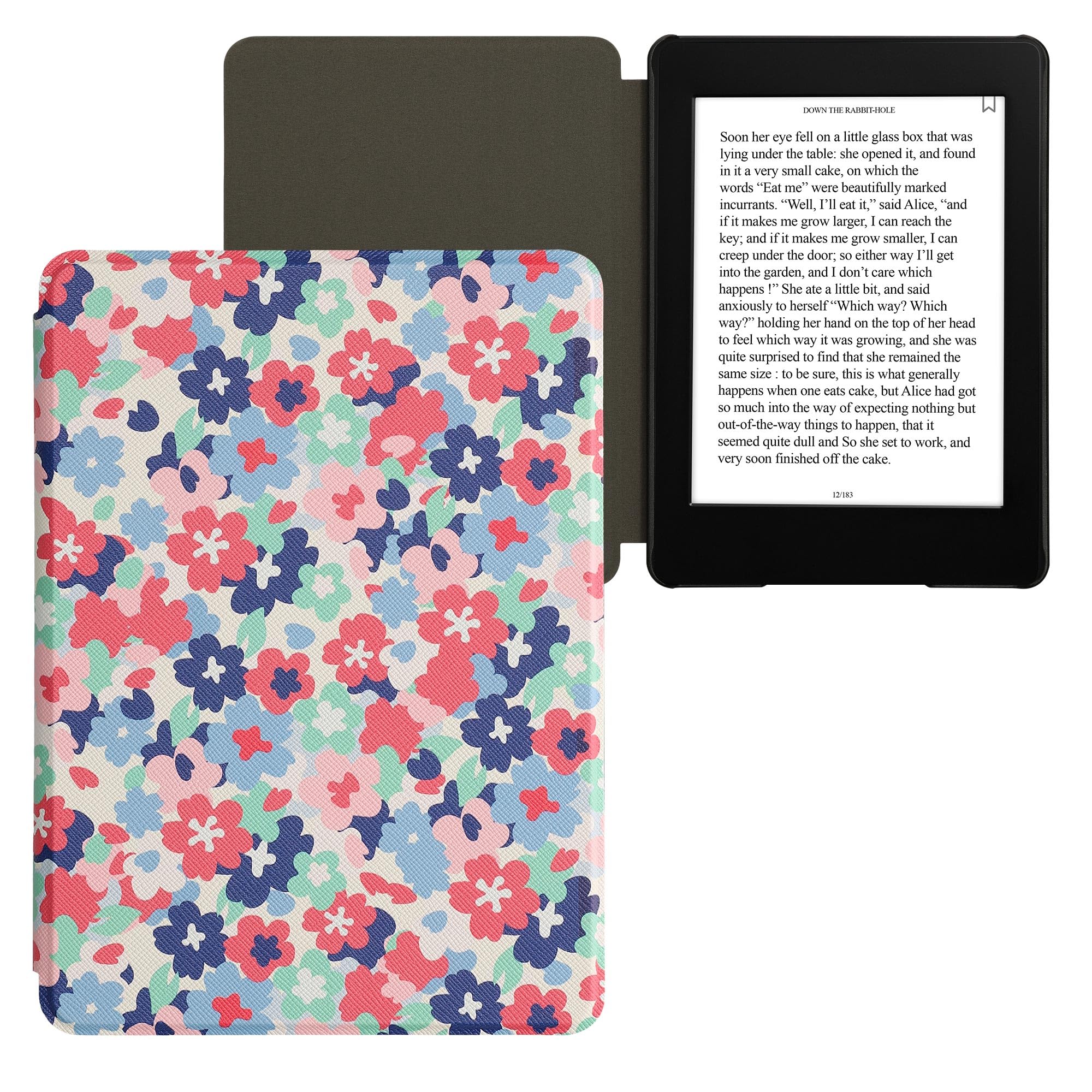 kwmobile Premium PU Leather Case for Amazon Kindle Paperwhite 11th Generation (2021 Release) - Magnetic Closure Protective Cover with Floral Design in Pastel Red, Dusty Pink & Blue - Perfect for Reading, Travel & Daily Use