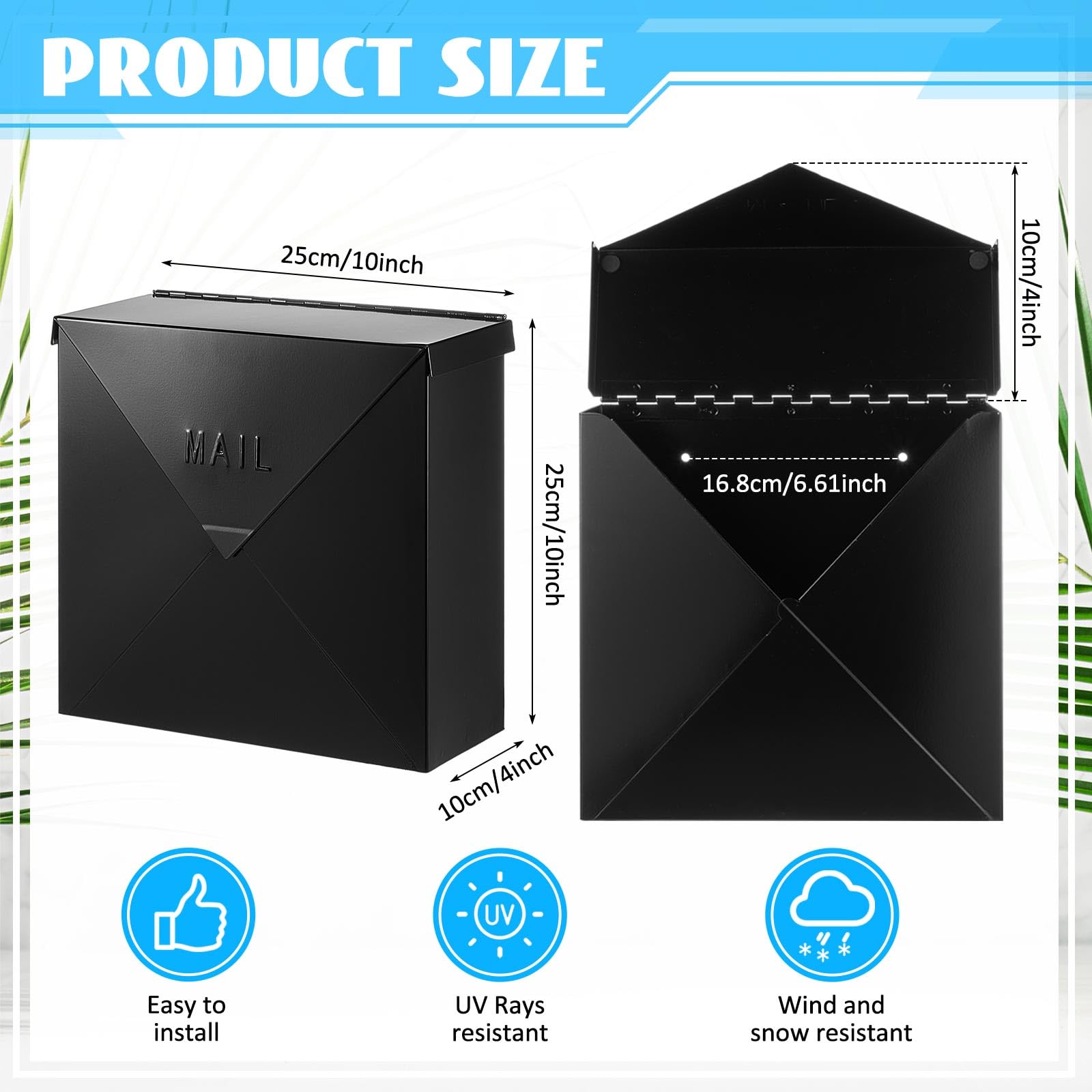 10 x 10 x 4 Inch Large Capacity Wall Mount Mailbox - Modern Black Steel Hanging Post Box for Outside with Parcel Protection | Perfect for Homes, Apartments & Offices
