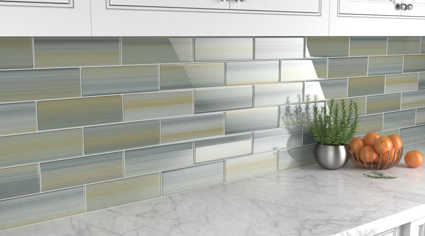 Bodesi Beach Hand Painted Glass Subway Tile - 4x12 Inch Coastal Blue Ceramic Wall Tile - Perfect for Kitchen Backsplash, Bathroom Shower, and Beach House Decor