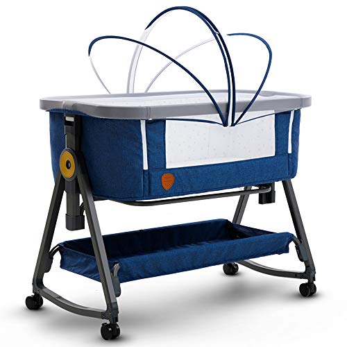 Portable Baby Bedside Sleeper with Breathable Mesh & Adjustable Height - Safe Infant Bassinet Crib with Fitted Sheet (Blue) | Newborn Co-Sleeping Solution for Nursery & Travel