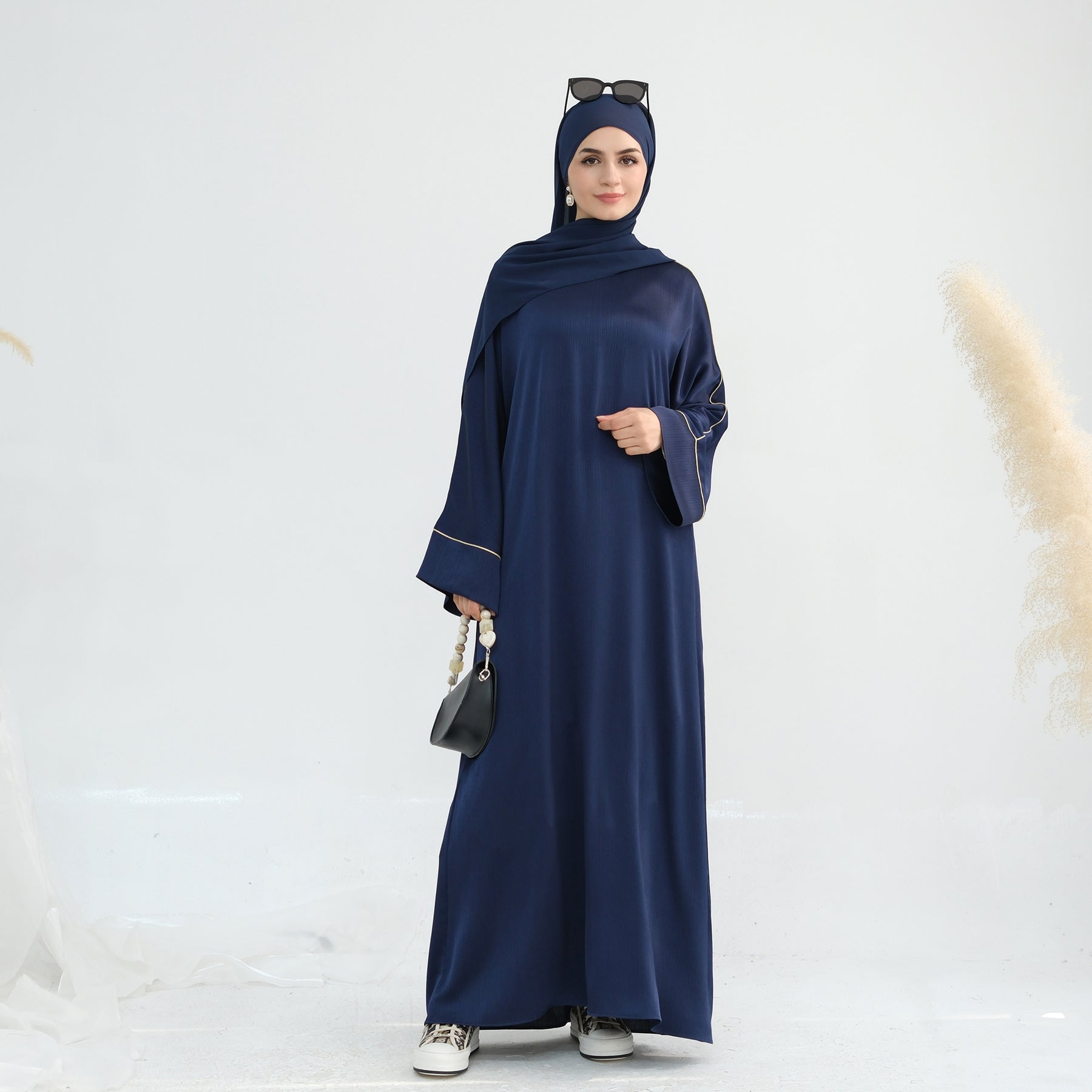 Stylish Ayana Textured Piping Detail Abaya Dress in Blue - Perfect for Modest Fashion, Prayer Outfits & Special Occasions