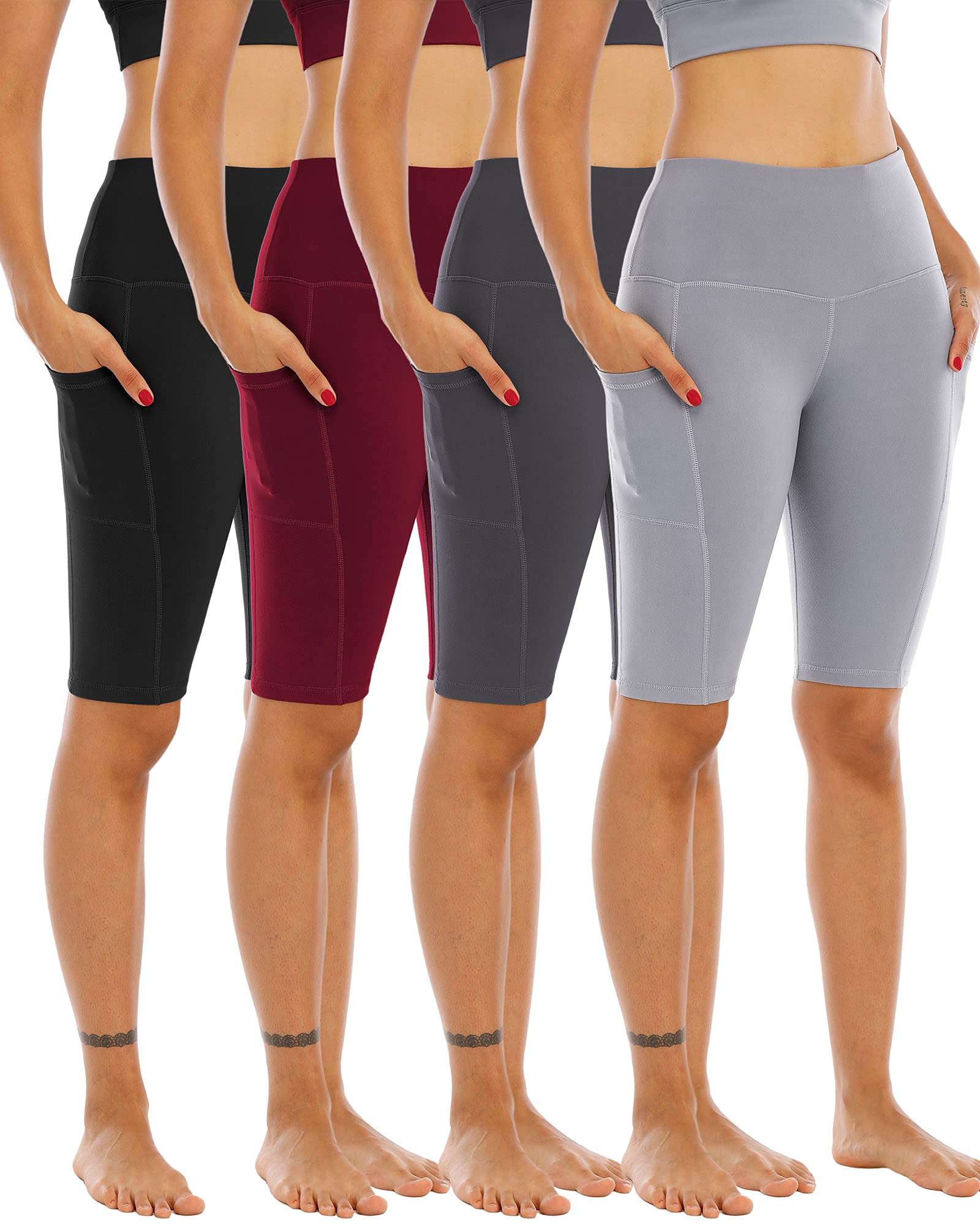 WHOUARE Women's High Waisted Yoga Shorts with Pockets - 4 Pack Athletic Running Workout Gym Shorts for Tummy Control | Perfect for Cycling, Yoga, Running & Fitness Training