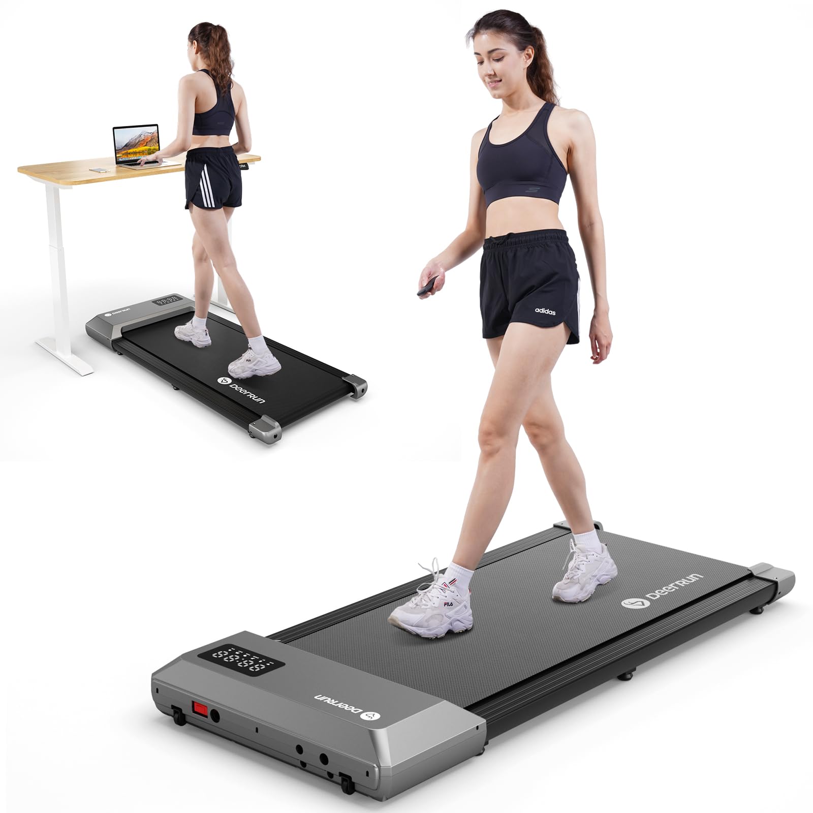 DeerRun 2-in-1 Under Desk Walking Pad Treadmill - 300LBS Capacity Portable Treadmill with LED Display & Remote Control for Home Office Workouts | Compact Space-Saving Design for Small Apartments & Home Gyms