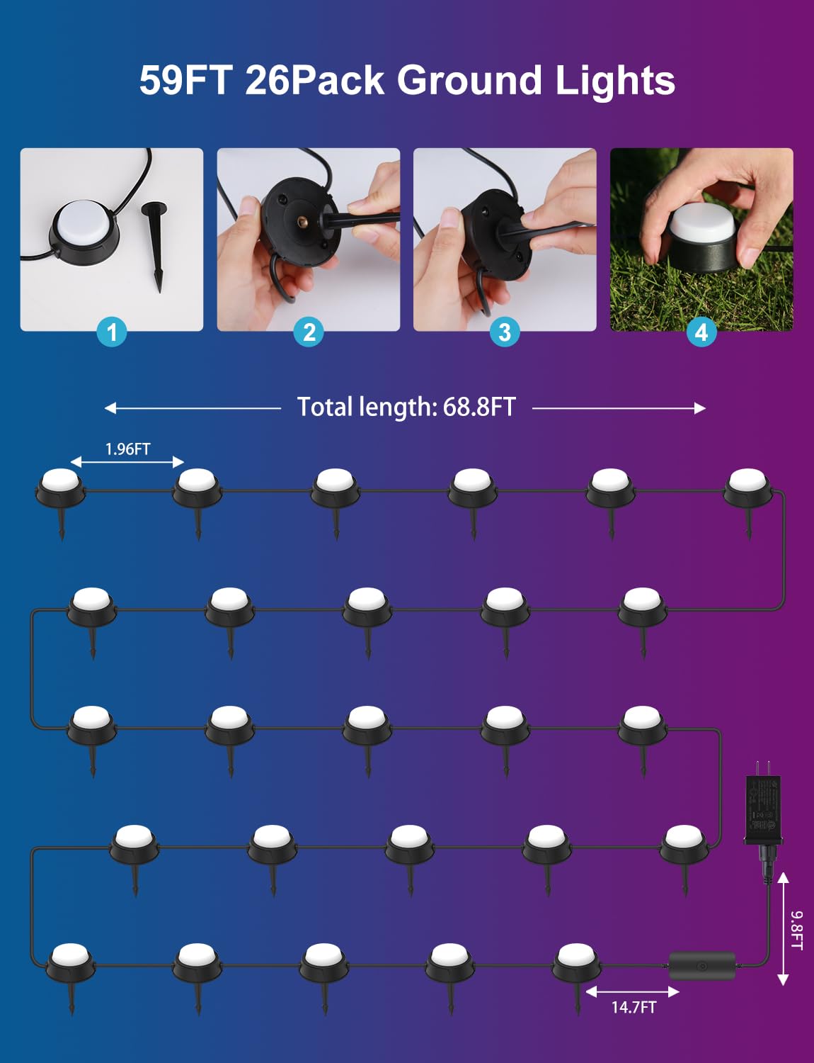 26 Pack Outdoor Ground Lights - 59FT Smart RGBICW Pathway Lighting with Alexa & App Control, IP67 Waterproof Landscape Lights for Garden, Yard, Patio, Lawn Decor | Perfect for Evening Walkways, Backyard Parties & Holiday Decorations