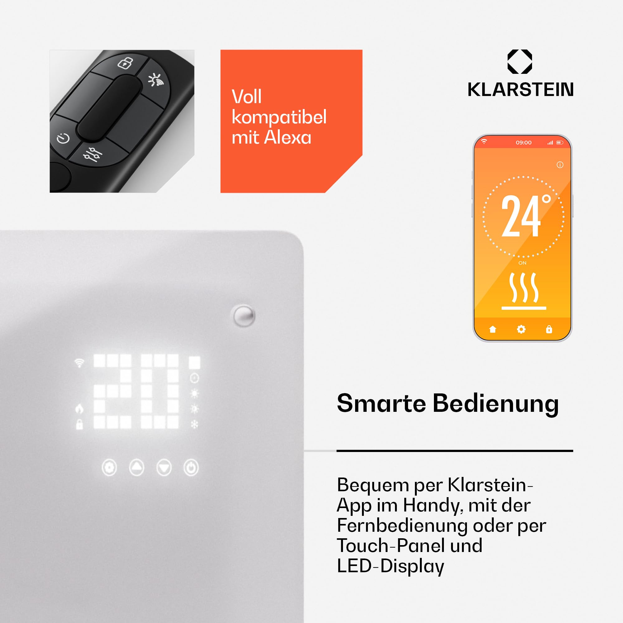 Klarstein 2500W Electric Convector Heater - Freestanding & Wall Mountable Space Heater with Smart App Control, Thermostat & Energy Saving Mode | Perfect for Bedroom, Office & Home Use with Floor Rollers for Easy Mobility