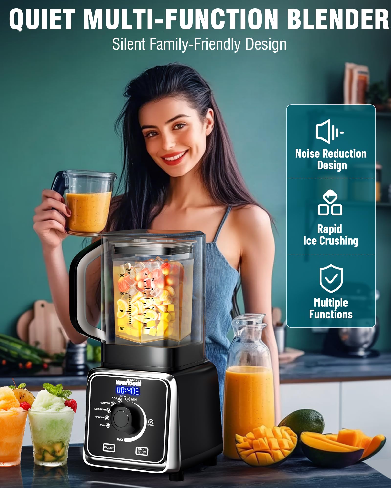 WantJoin Professional Blender for Kitchen - 9-Speed Quiet Blender with Sound Shield, 5 Functions & Easy Cleaning, 34oz/1L Capacity for Smoothies, Milkshakes, Juices - Perfect for Home, Gym & Healthy Lifestyle