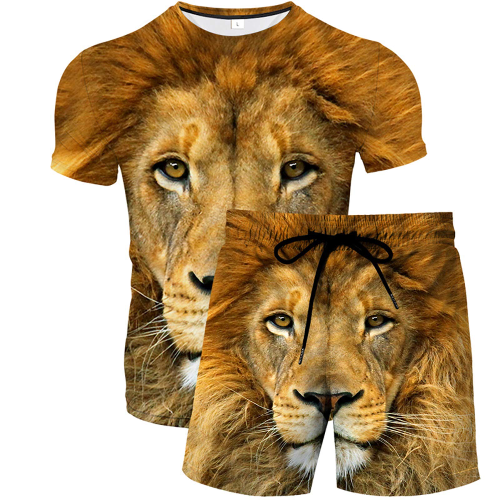 URVIP Men's 2-Piece Lion Print Romper Set - Breathable Mesh T-Shirt & Shorts Sports Outfit for Gym, Running & Casual Wear