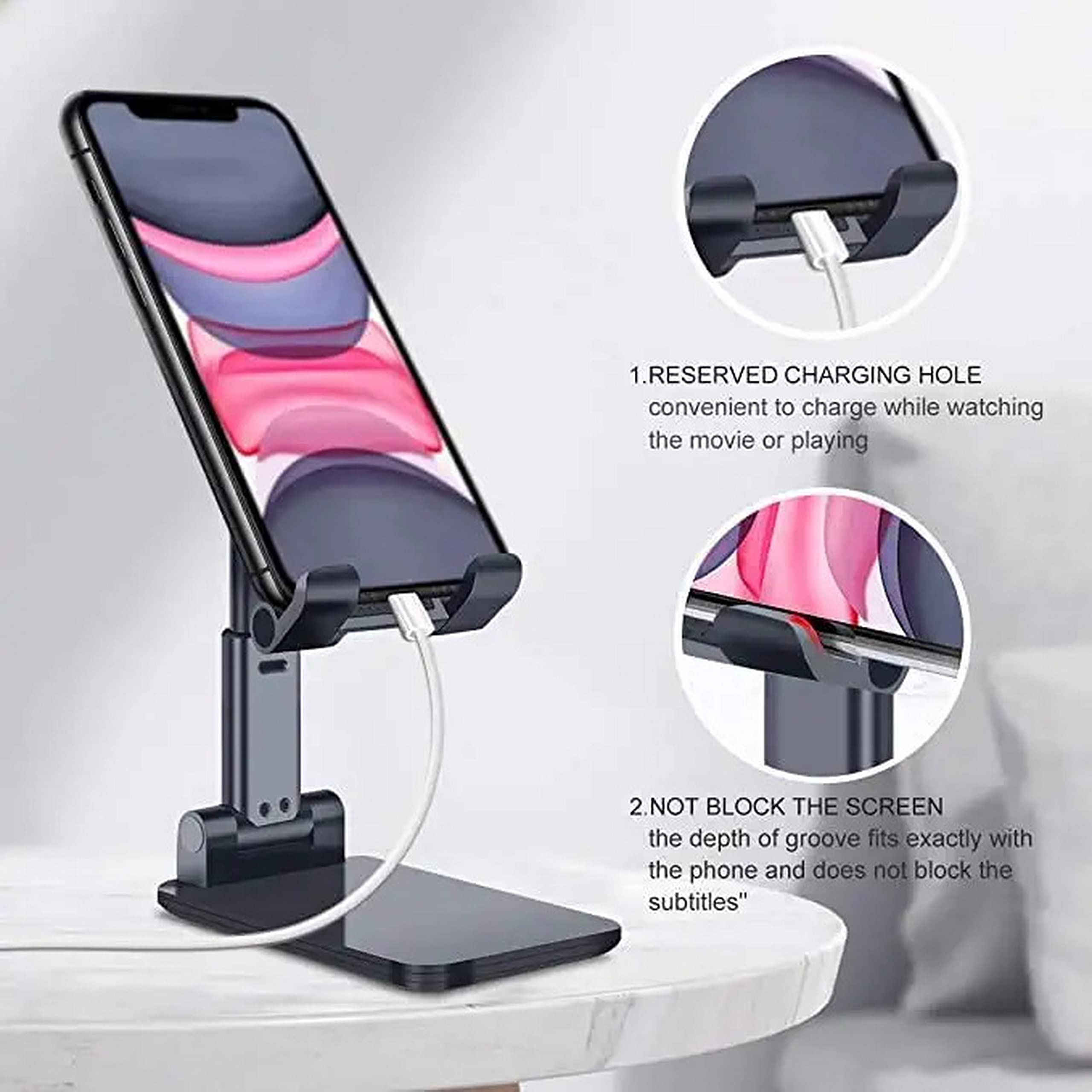Adjustable & Foldable Black Phone Stand - Compact, Flexible Stick-On Desk Holder for Cell Phones | Perfect for Video Calls, Watching Movies & Hands-Free Use