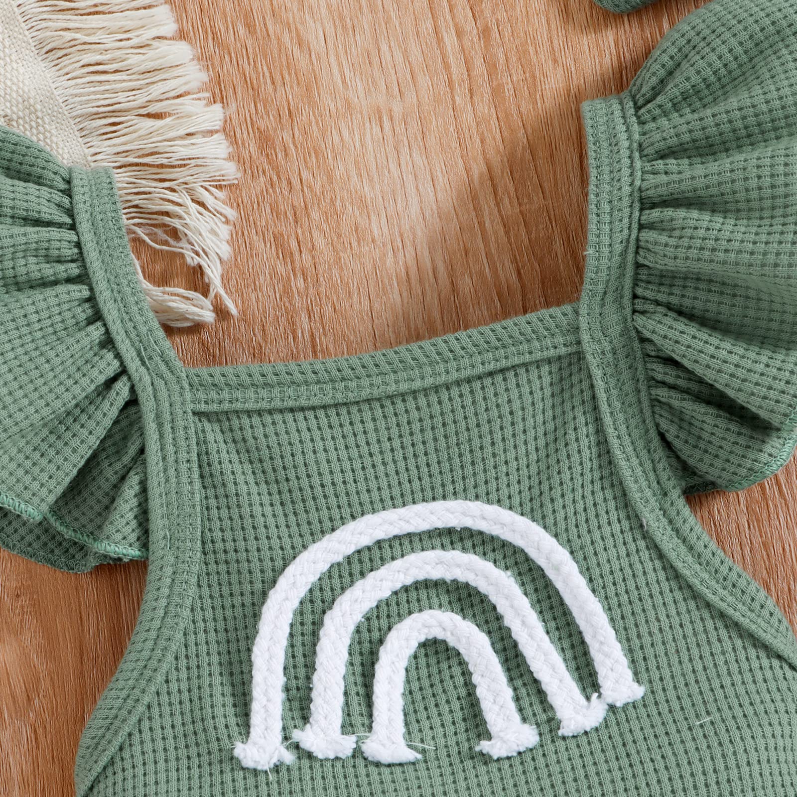 Adorable Newborn Baby Girl Outfit - Rainbow Waffle Knit Ruffled Romper & Headband Set | Sleeveless Backless Bodysuit Jumpsuit for Infants | Perfect for Photoshoots, Birthday Parties & Special Occasions