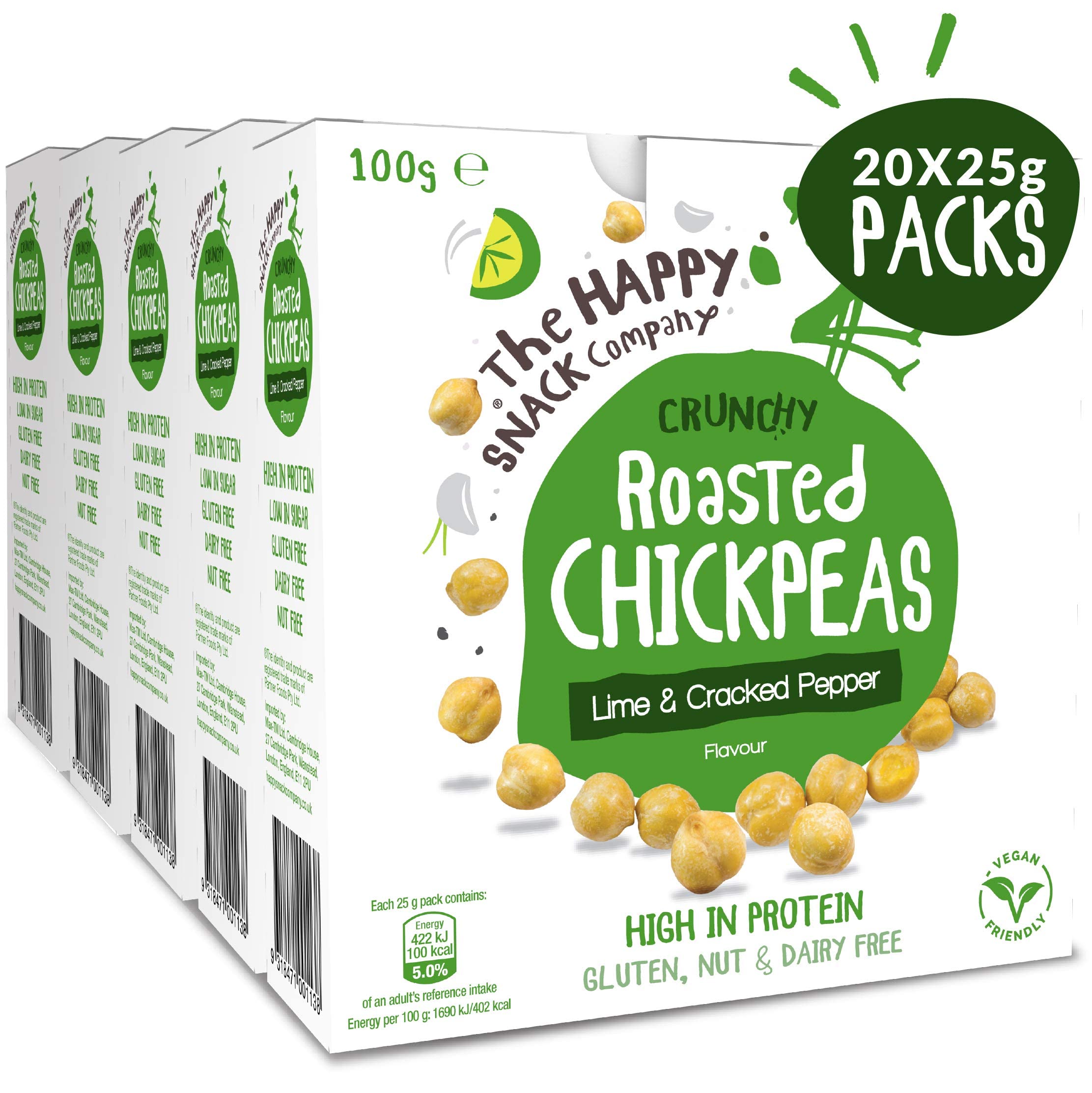 The Happy Snack Company Roasted Chickpeas, Lime & Cracked Pepper Flavor – Healthy High-Protein Snacks, Gluten-Free, Vegan, 100 Calories per 25g Serving (Pack of 20) – Perfect for On-the-Go, Office Snacking & Post-Workout Fuel