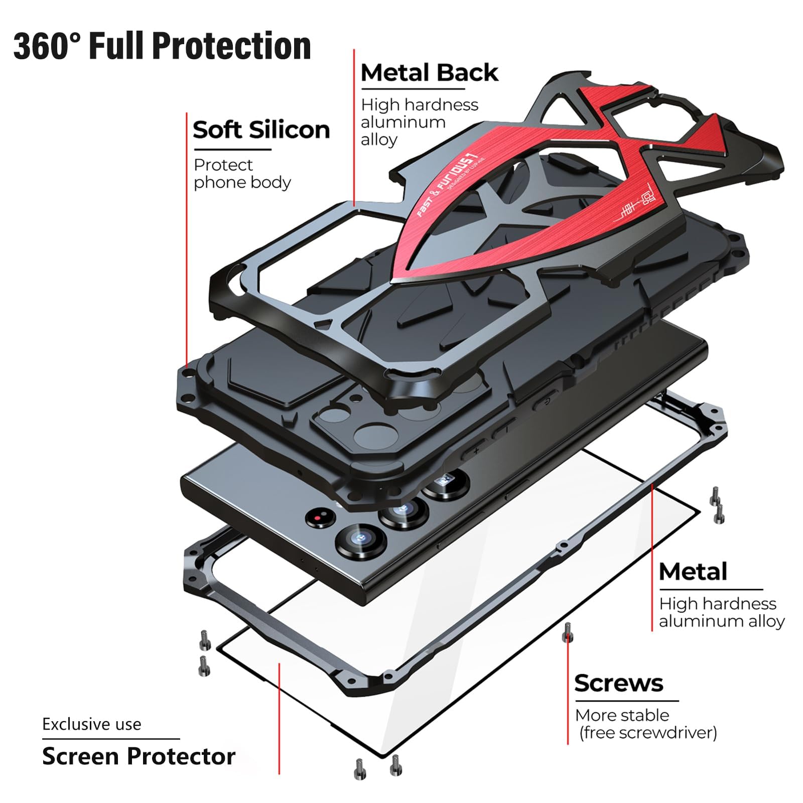 **Military Grade Shockproof Phone Case for Samsung Galaxy S24 Ultra 5G - Heavy Duty Hybrid Metal Bumper with Built-in Silicone, Drop & Dust Protection (Black) - Perfect for Outdoor, Work & Travel**