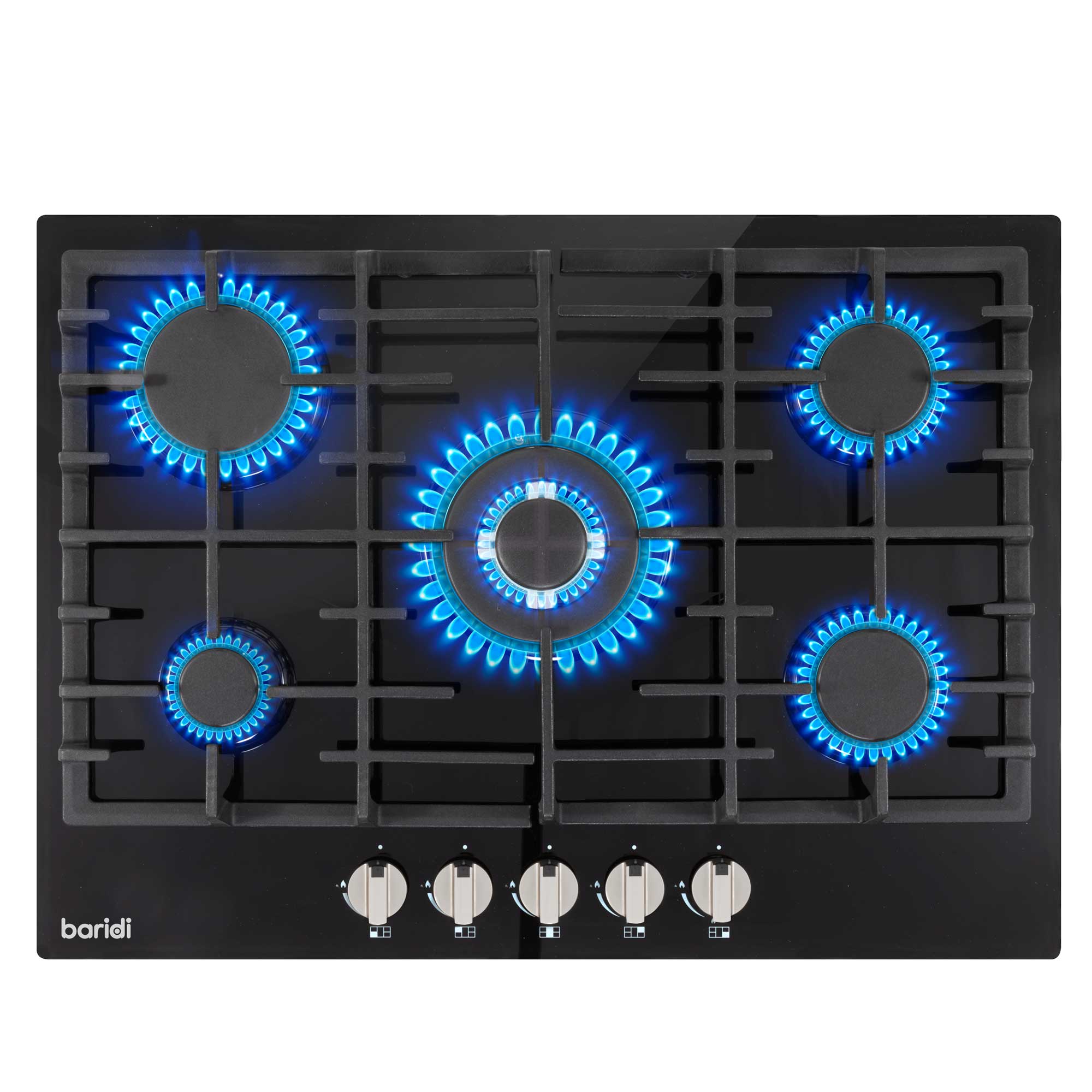 Baridi 70cm Built-In Gas on Glass Hob - 5 Burner Cooktop with Cast Iron Pan Supports, Black Glass Surface - Perfect for Modern Kitchens & Professional Cooking | Model DH228