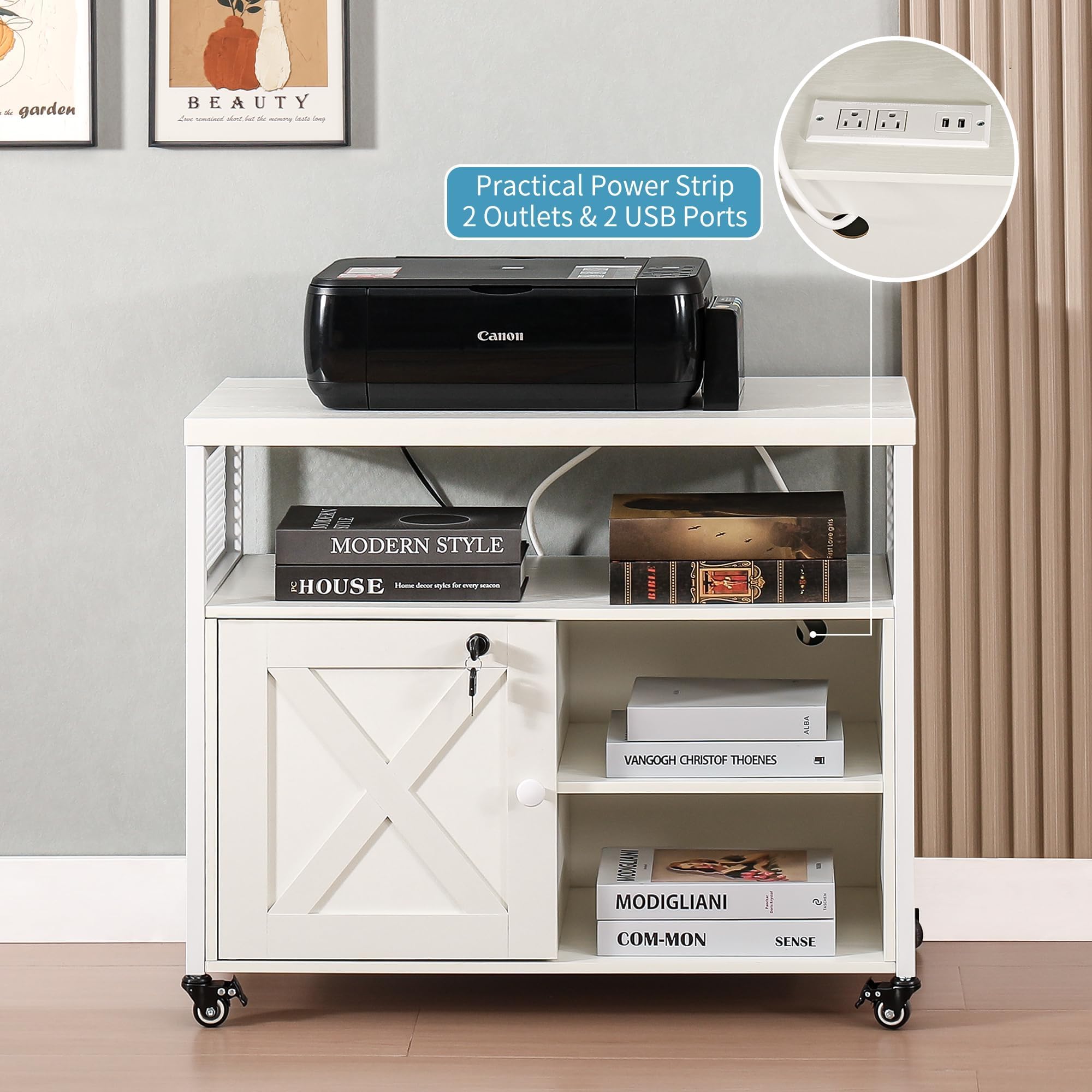 FUSUNBAO White Farmhouse Printer Stand with Storage - Rolling Printer Cabinet with Shelves, USB Charge Station, Locking Wheels & File Drawer - Home Office Storage Organizer for Printer, Scanner & Supplies (Perfect for Small Spaces & Workspaces)