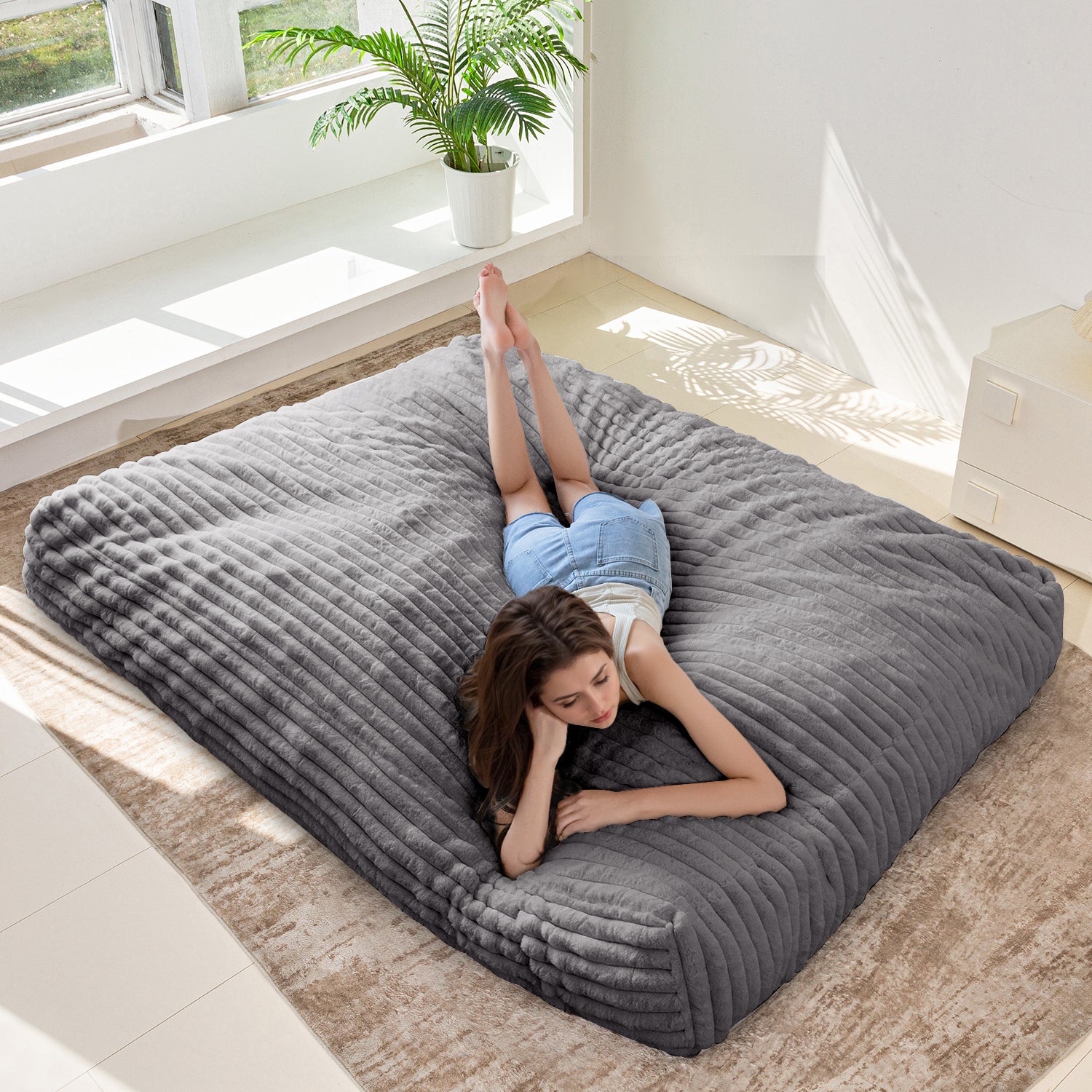 MAXYOYO Giant Bean Bag Chair Bed - Extra Large Striped Faux Fur Beanbag for Adults & Teens, Grey - Perfect for Living Room, Bedroom, Game Room & Dorm Relaxation