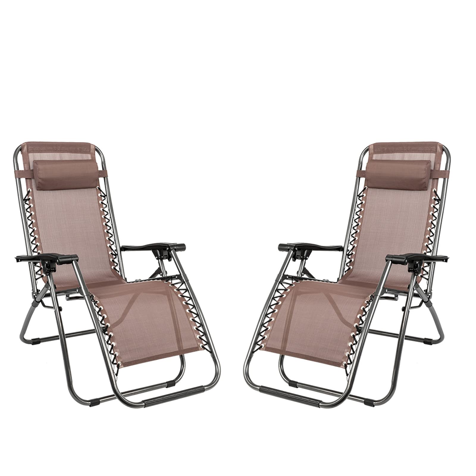 WiCCI 2-Pack Portable Folding Lounge Chairs with Pillow & Cup Holder - Lightweight Beach Chairs for Poolside, Patio, Backyard, Camping & Outdoor Relaxation (Brown)