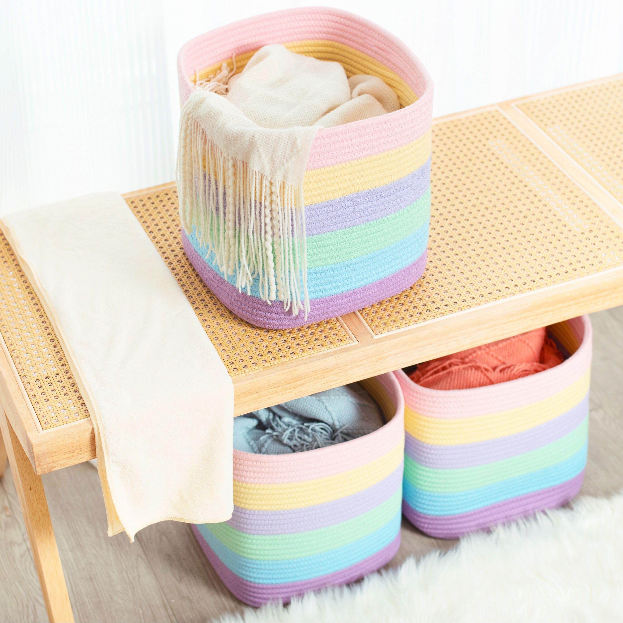 MINTWOOD 3-Pack 11x11 Inch Woven Storage Bins - Pastel Rainbow Cube Organizers for Closet, Classroom, Bathroom & Pantry | Decorative Shelf Baskets for Home Organization & Storage Solutions