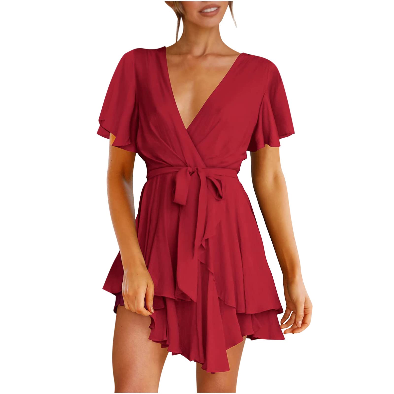 CPXUTFP Women's Summer Dresses 2023 - Flowy V-Neck Ruffle Tunic Dress, Casual Solid Color Plus Size & Maternity Dress with Adjustable Straps | Perfect for Beach Vacations, Date Nights & Summer Outings