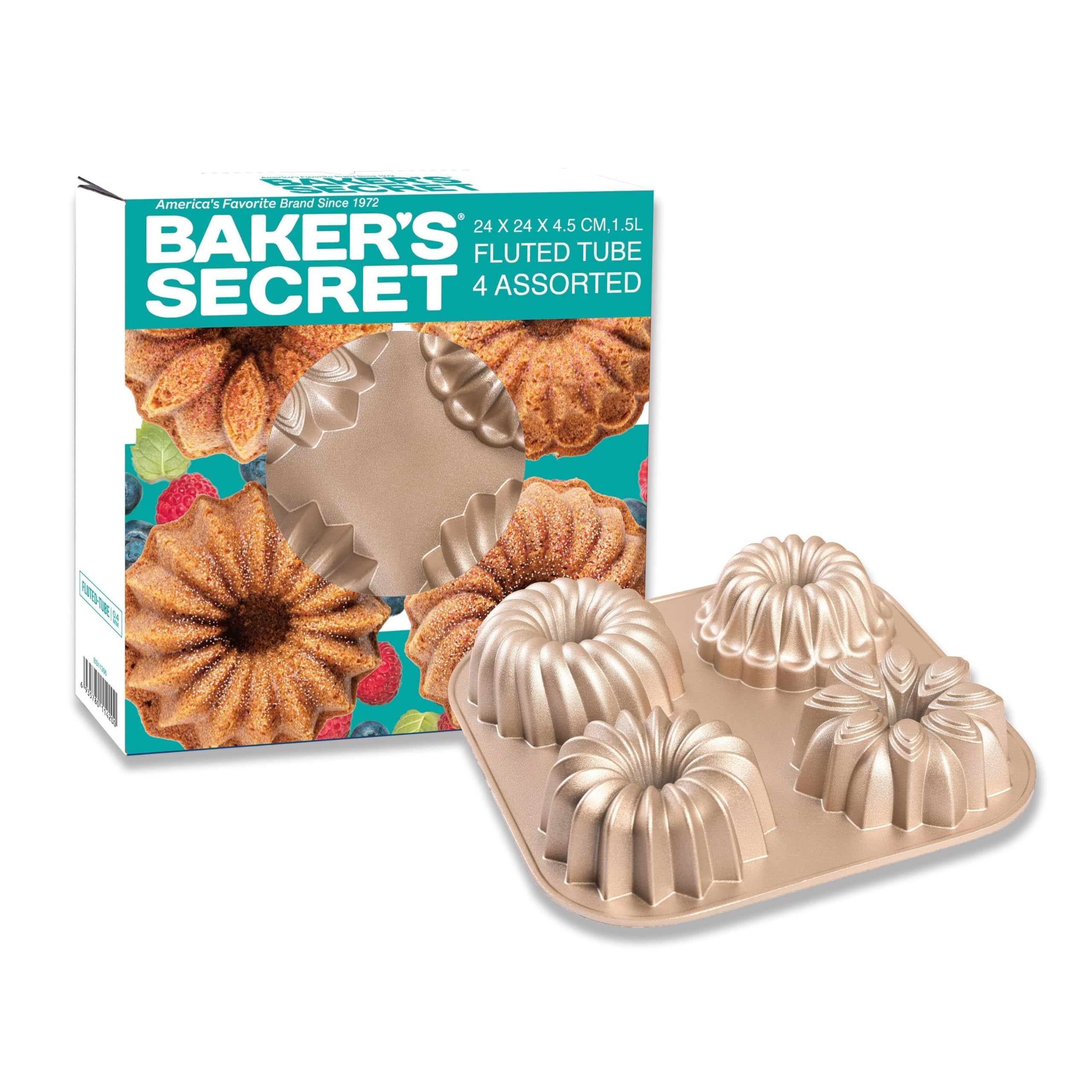Baker's Secret Nonstick Fluted Cake Pan Set - Heavy Duty Die Cast Aluminum Bundt Pans with 2-Layer Non-Stick Coating for Easy Release - 4 Mini Bundt Cake Pans for Baking, Party Desserts & Holiday Treats