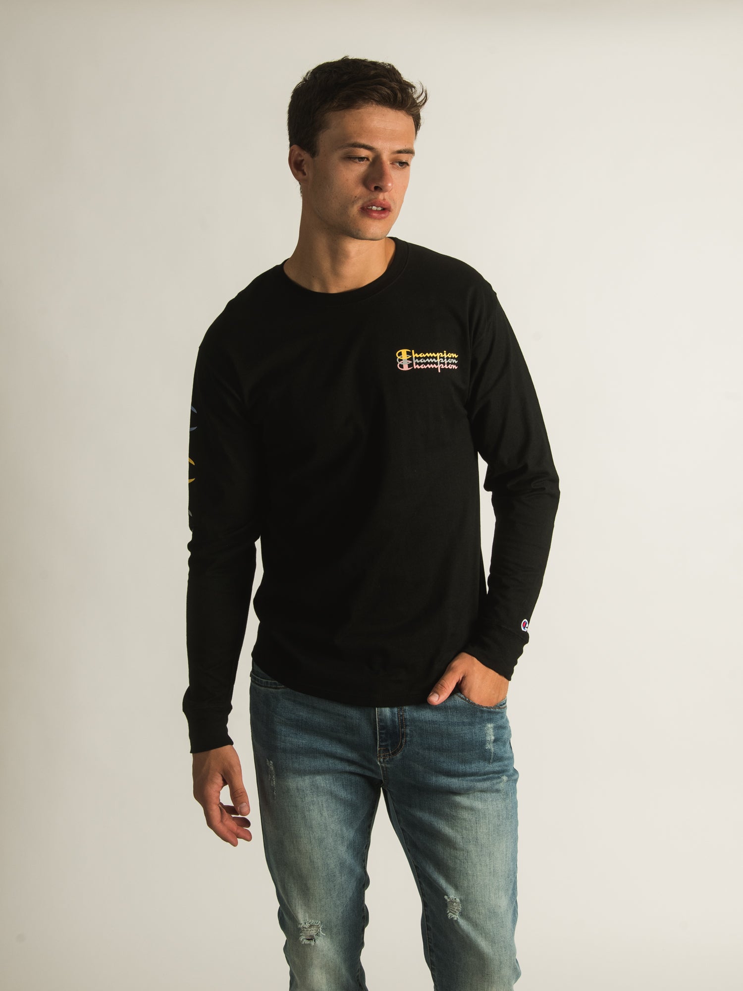 Champion Classic Triple Script Long Sleeve T-Shirt - Men's Casual Cotton Crewneck Top for Everyday Wear | Gym, Lounge & Street Style Outfits