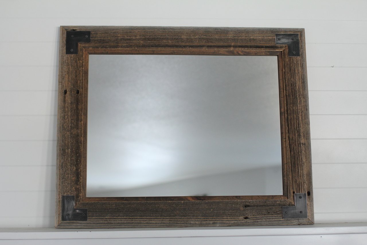 Reclaimed Barnwood Mirror 26x30 Inches - Rustic Farmhouse Decor with Metal Corner Brackets, Ranch Hand Style for Living Room, Bedroom, Entryway Wall Decor