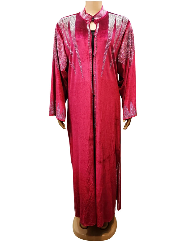 Golden Velvet Abaya with Intricate African Embroidery - Elegant Flowing Maxi Dress for Women - Perfect for Weddings, Parties, and Special Occasions