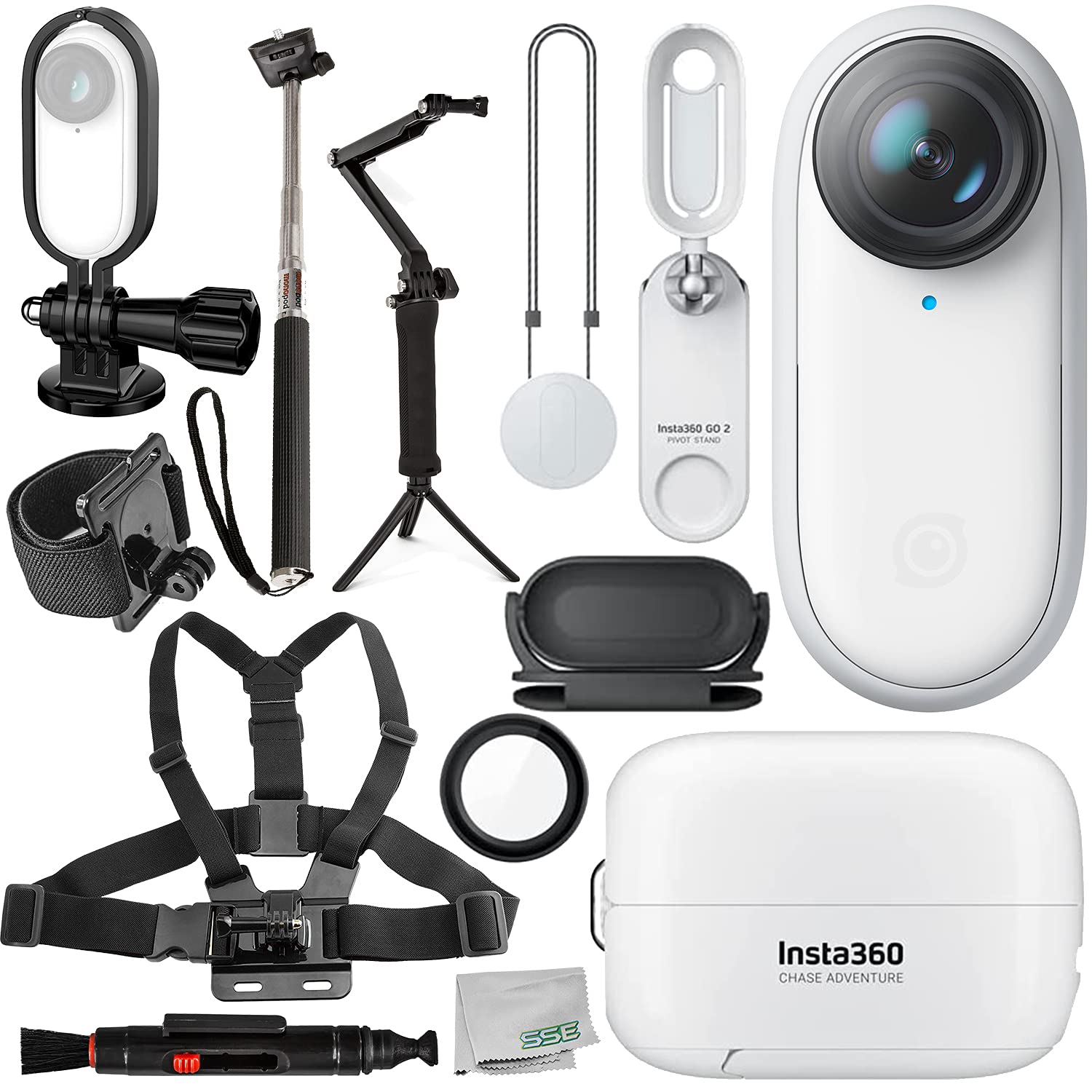 Insta360 GO 2 Action Camera with Starter Accessory Bundle - Includes Frame Adapter, 3-in-1 Multi-Grip (Selfie Stick/Tripod/Handle) | Ultra-Compact Wearable Camera for Vlogging, Sports & Adventure Travel (IN360GO2EB)