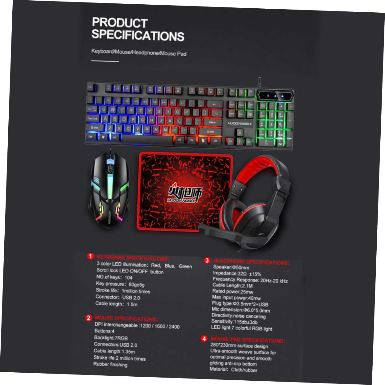 HOMSFOU 104 Key Mechanical Keyboard and Mouse Combo Set - 4-in-1 Gaming Keyboard Mouse Bundle with RGB Backlit for PC, Laptop, Office, and Gaming (Black) | Perfect for Typing, Work, and Esports