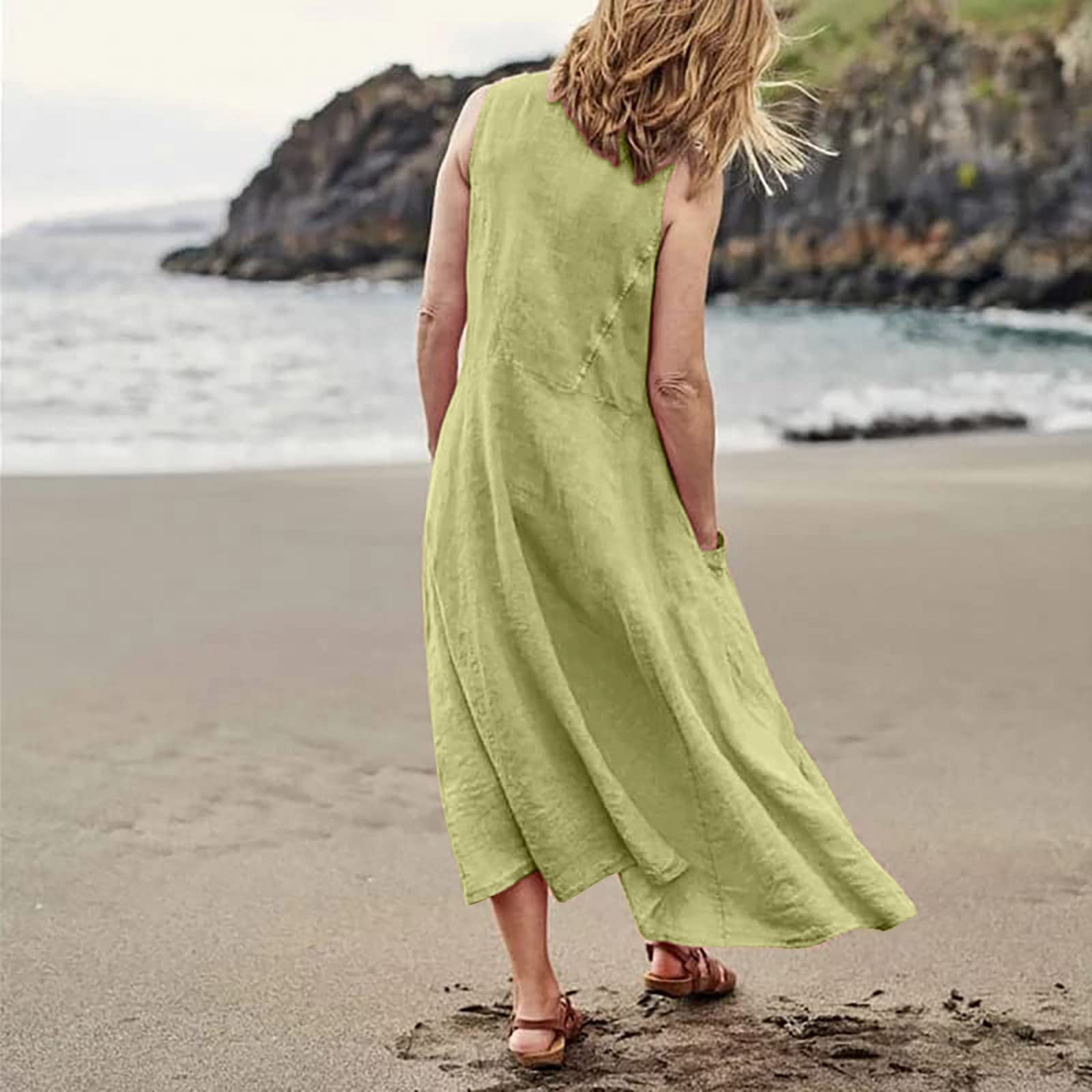 Women's Summer Casual Cocktail Dress - Sleeveless Cotton Linen Pocket Dress in Solid Colors | Perfect for Beach Parties, Garden Weddings & Date Nights