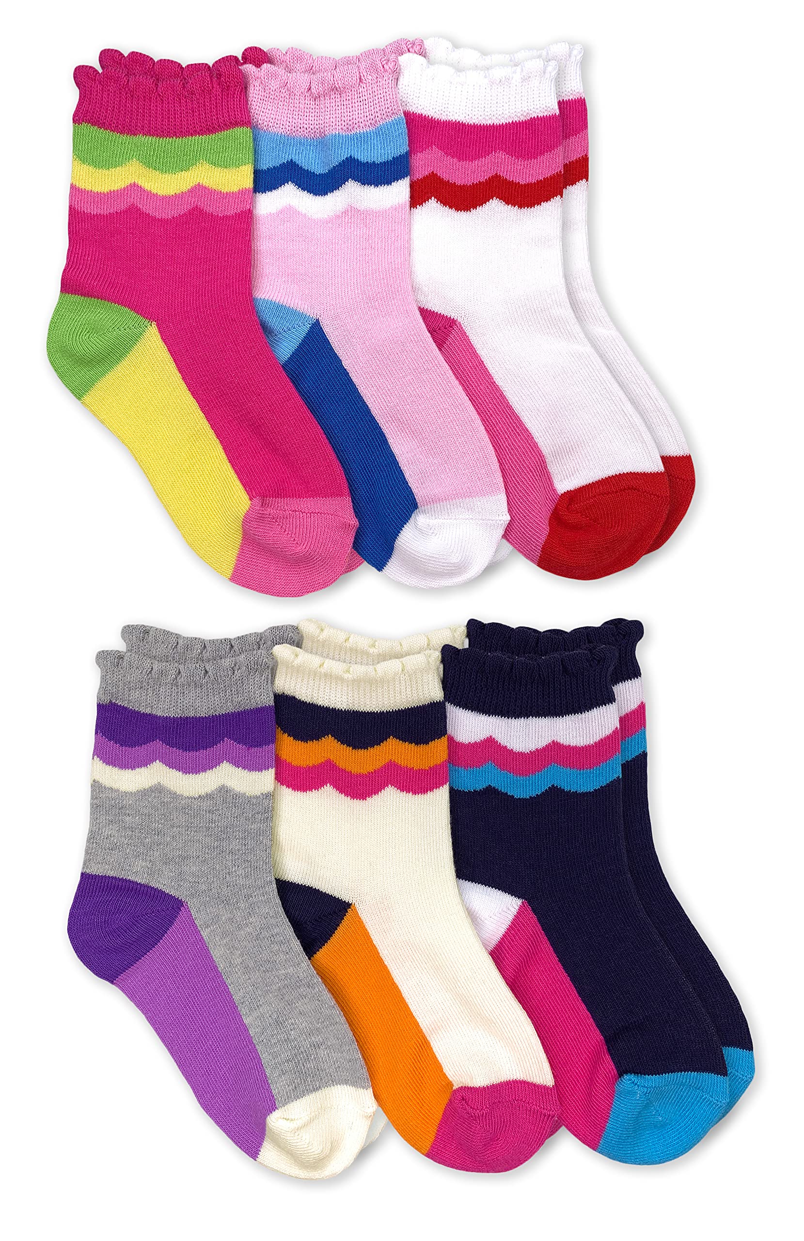 Jefferies Girls' Scalloped Stripe Crew Socks 6 Pack - Cute Novelty Socks for School, Dance & Everyday Wear