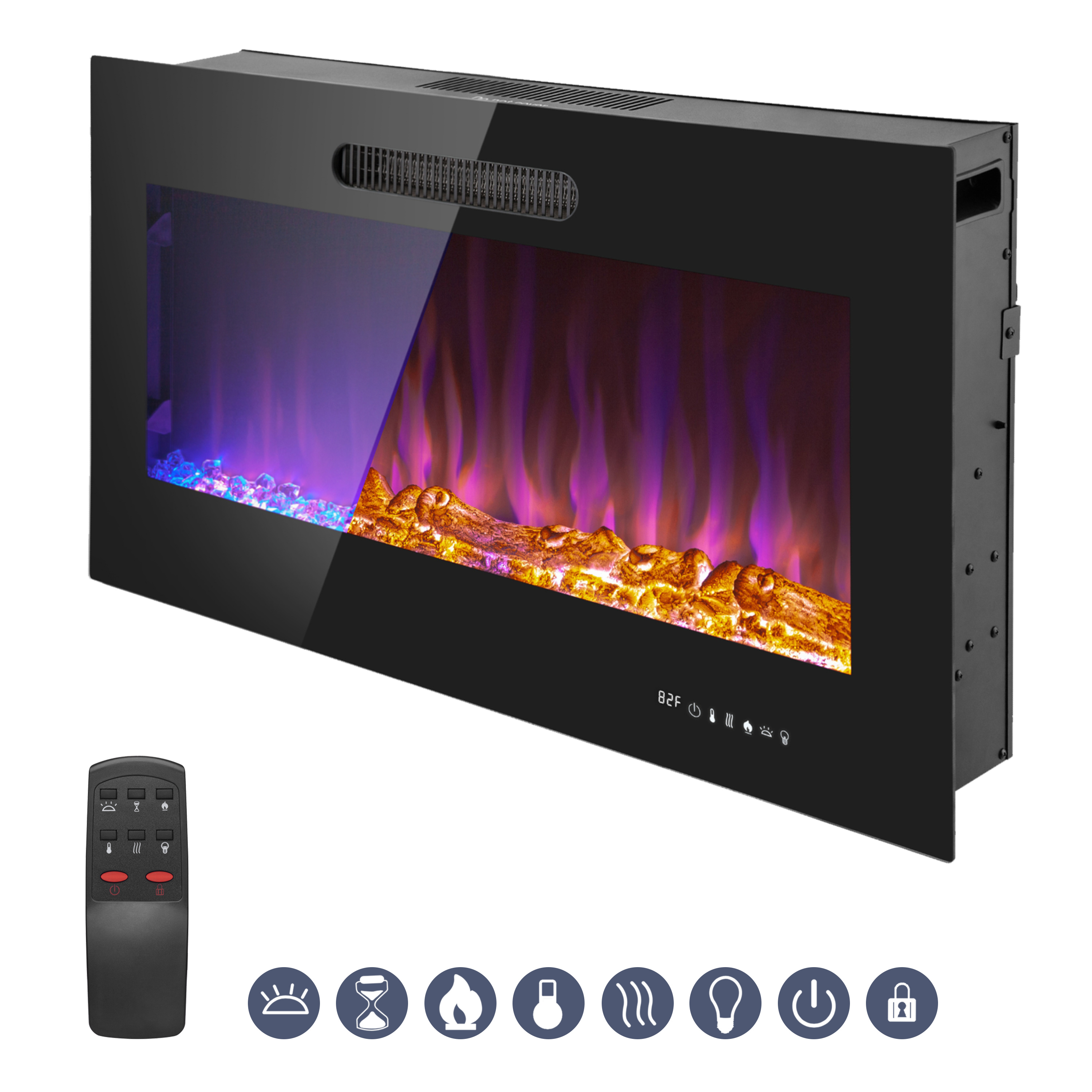 36 Inch LED Slim Electric Fireplace Insert - Wall Mounted Fireplace with 1500W Heater, Adjustable Realistic Flame, Remote Control (Log & Crystal Ember Options) - Perfect for Living Room, Bedroom & Office Heating & Decor