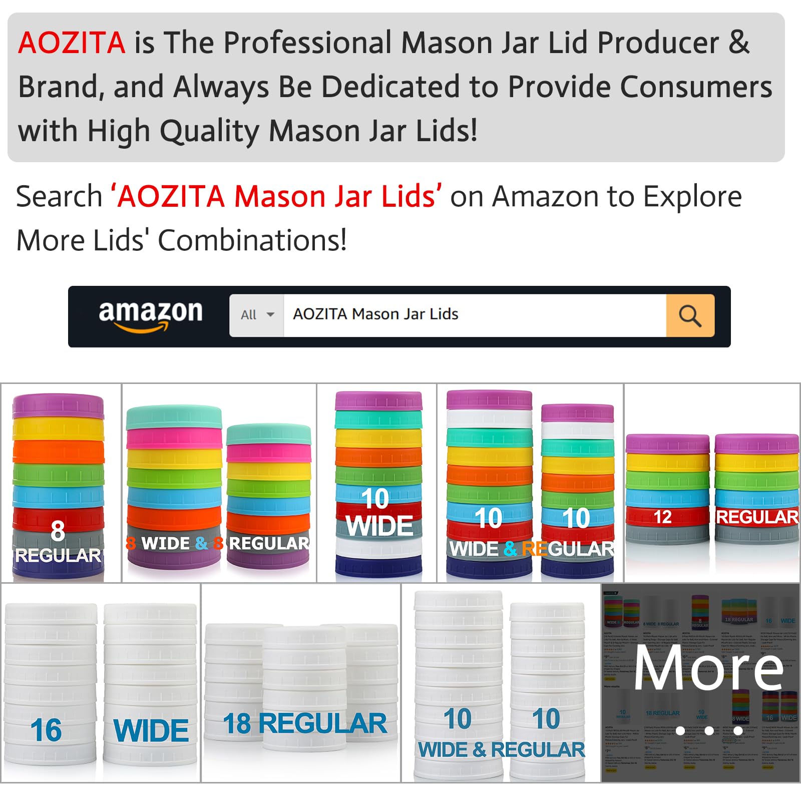 AOZITA 16-Pack Wide Mouth Mason Jar Lids - White Plastic Storage Caps for Ball, Kerr Canning Jars - Leak Proof, Dishwasher Safe & Food Grade - Perfect for Meal Prep, Pantry Organization & DIY Crafts