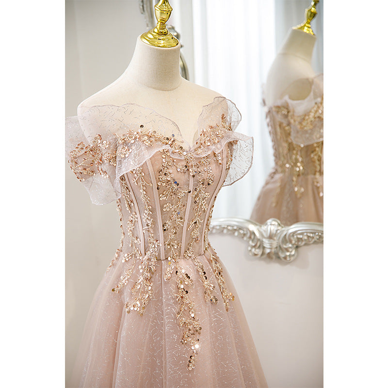 Elegant Off Shoulder Pink Tulle Prom Dress with Sequins - Long Formal Evening Gown for Homecoming, Quinceañera & Special Occasions | Perfect for Prom Night, Wedding Guest & Black Tie Events