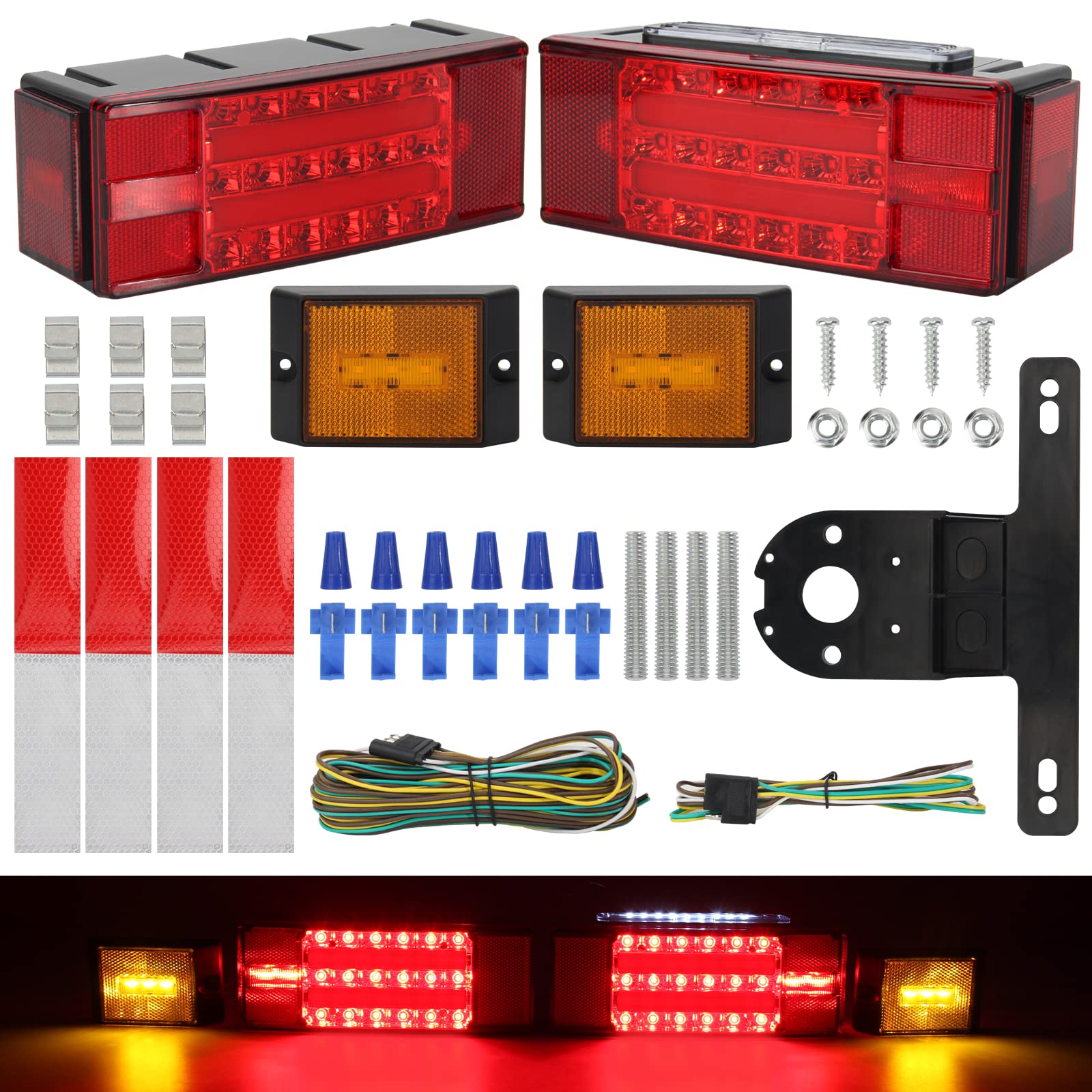 12V LED Submersible Trailer Tail Light Kit - Waterproof Utility Trailer Lights with Stop, Turn, Tail & License Plate Lights - Perfect for Boat Trailers, Campers & RV Trailers - Durable Wiring Kit Included