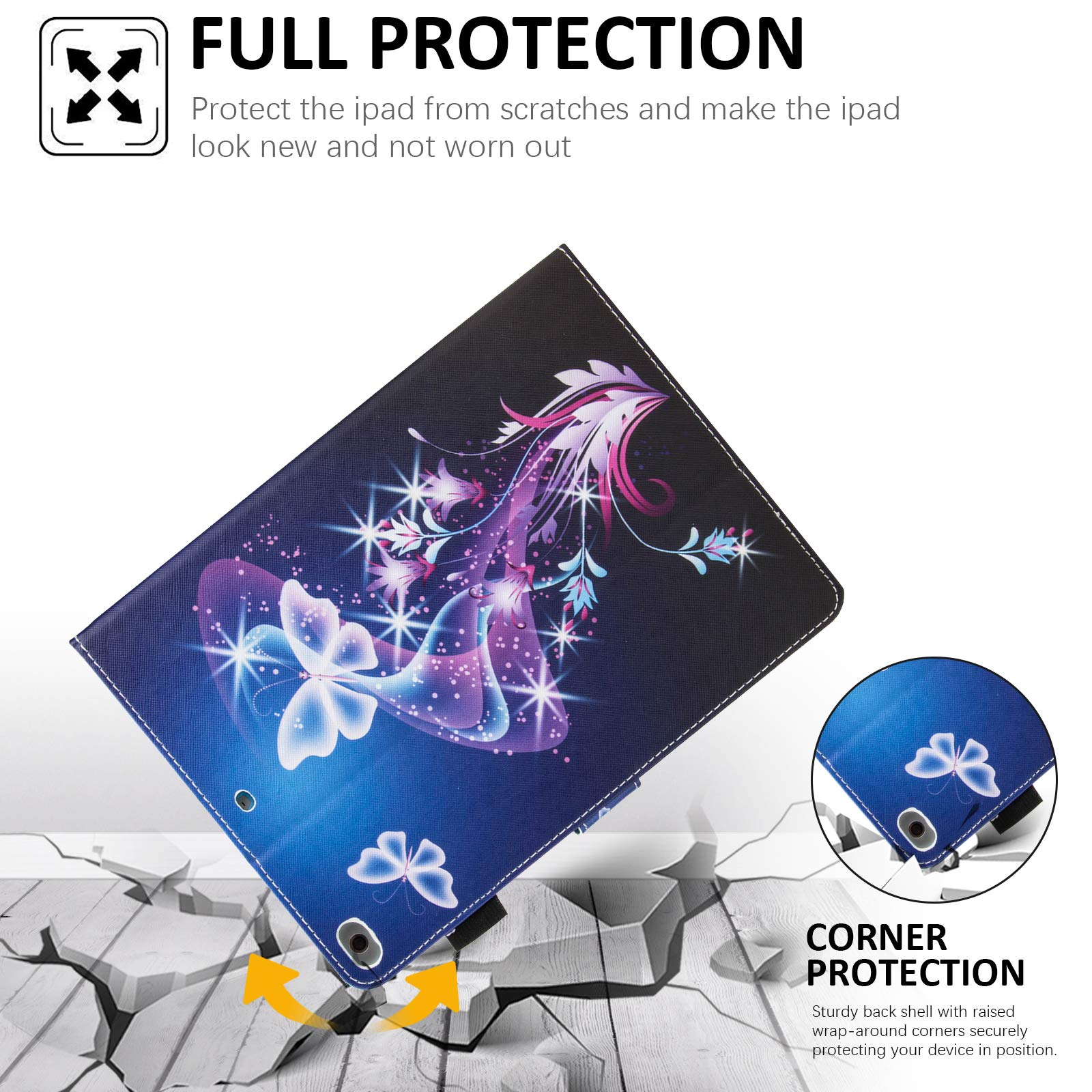 Dteck PU Leather Smart Case for iPad 9.7 Inch (2018/2017) & iPad Air 1/2 - Auto Sleep/Wake Folio Stand Cover with Wallet Function - Purple Butterfly Design - Perfect for Work, Travel & School Use