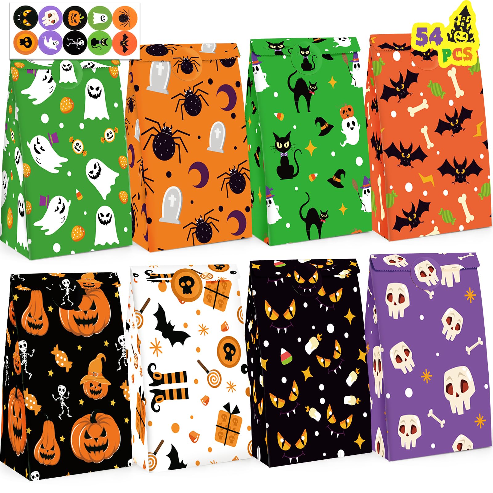 JOHOUSE 54PCS Halloween Candy Bags Bulk - Small Paper Treat Bags with Sealing Stickers for Trick or Treat, Party Favors, Classroom Treats & Halloween Party Decorations