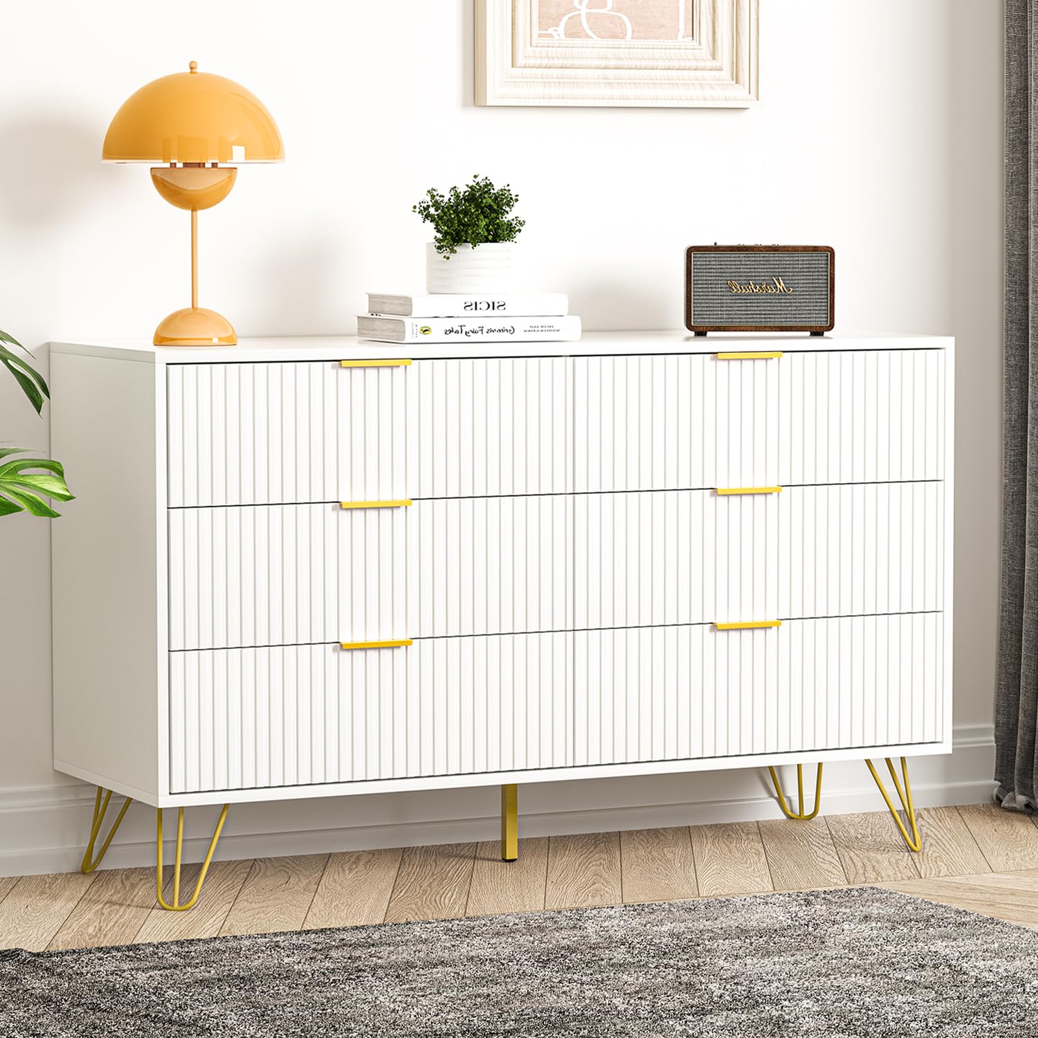 Modern White 6-Drawer Dresser with Gold Handles - Elegant Chest of Drawers for Bedroom & Living Room Storage, Perfect for Organizing Clothes, Linens, and Home Decor