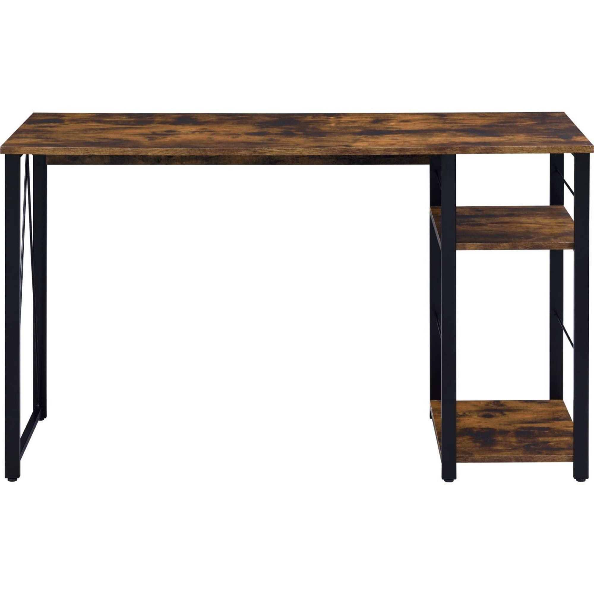 Benjara Modern Writing Desk with 2-Tier Shelves & Sturdy Tubular Metal Legs - Brown & Black Home Office Furniture for Small Spaces | Perfect for Remote Work, Study & Crafting