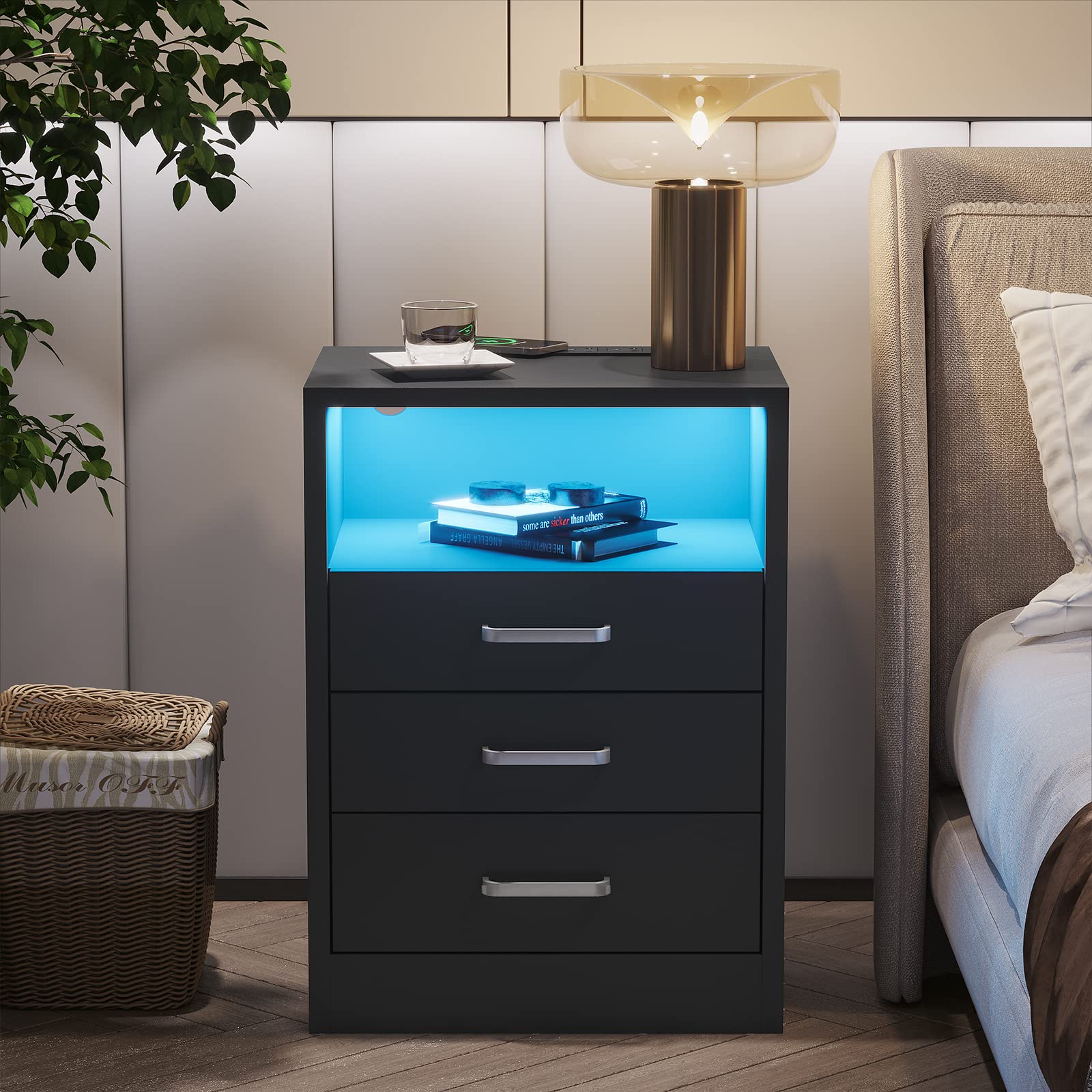 ADORNEVE Modern Nightstand with Wireless Charging Station, LED Lights & 2 Drawers - Bedside Table for Bedroom, Living Room - Black End Table for Phone Charging, Reading Lamp & Bedroom Storage