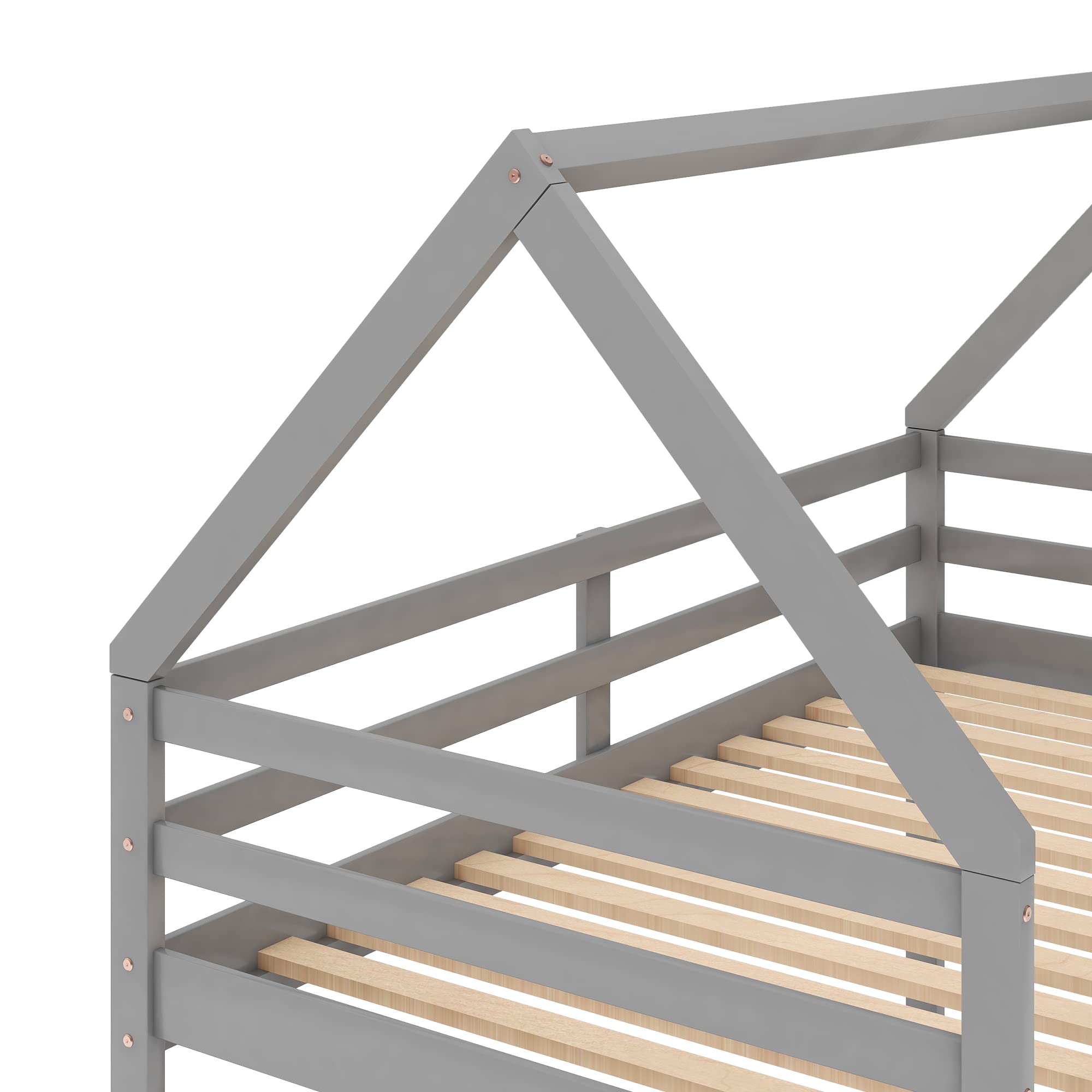 Low Bunk Bed Twin Over Twin - Sturdy Wooden House Bunk Bed Frame with Ladder for Kids & Teens - Space-Saving Gray Bedroom Furniture for Small Rooms, Dorms, or Shared Kids' Rooms