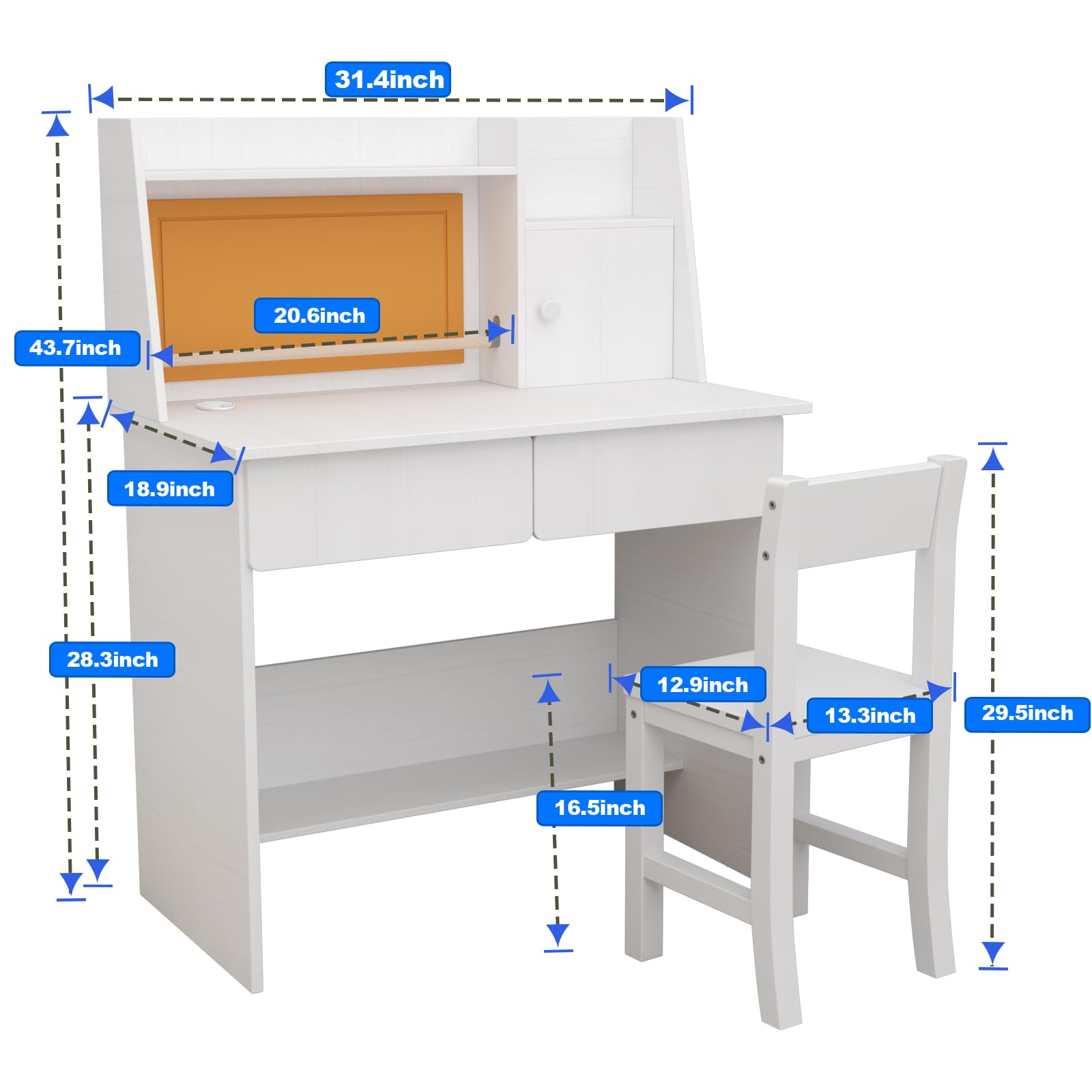 White Kids Desk and Chair Set for 5-12 Year Olds - Adjustable Children's Study Table with Wooden Top, Paper Roll Dispenser, Storage Drawers & Shelf - Perfect for Homework, Drawing & Crafts in Bedroom or Playroom