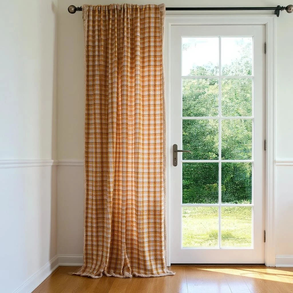 Ada Orange Gingham Geometric Plaid Light Filtering Custom Curtains - Stylish Window Treatment for Living Room, Bedroom & Kitchen Decor