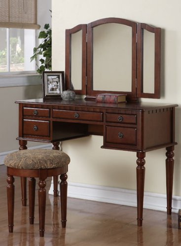 Dark Oak Vanity Set with 3-Fold Mirror, Stool & Drawers - Elegant Dressing Table for Makeup, Jewelry & Hair Styling | Perfect for Bedroom, Boudoir & Beauty Salon