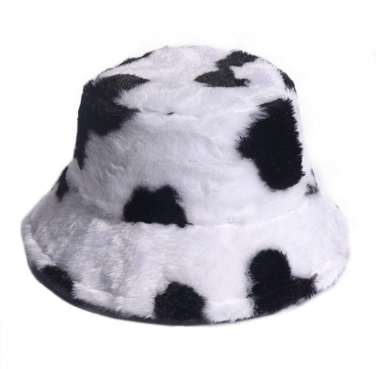 Women's Cow Print Faux Fur Bucket Hat - Soft Winter Warm Fisherman Cap with Windproof Design for Women & Girls | Perfect for Cold Weather, Outdoor Activities, and Fashion Accessories