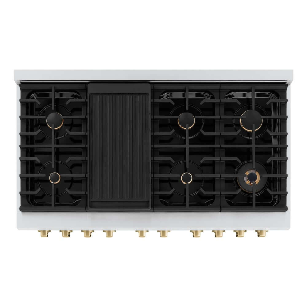 ZLINE Autograph Edition 48-inch 6.7 cu. ft. Paramount Double Oven Gas Range with 8 Burner Cooktop - Stainless Steel & Champagne Bronze Accents (SGRZ 48 CB) | Professional Kitchen Appliance for Home Chefs & Entertaining