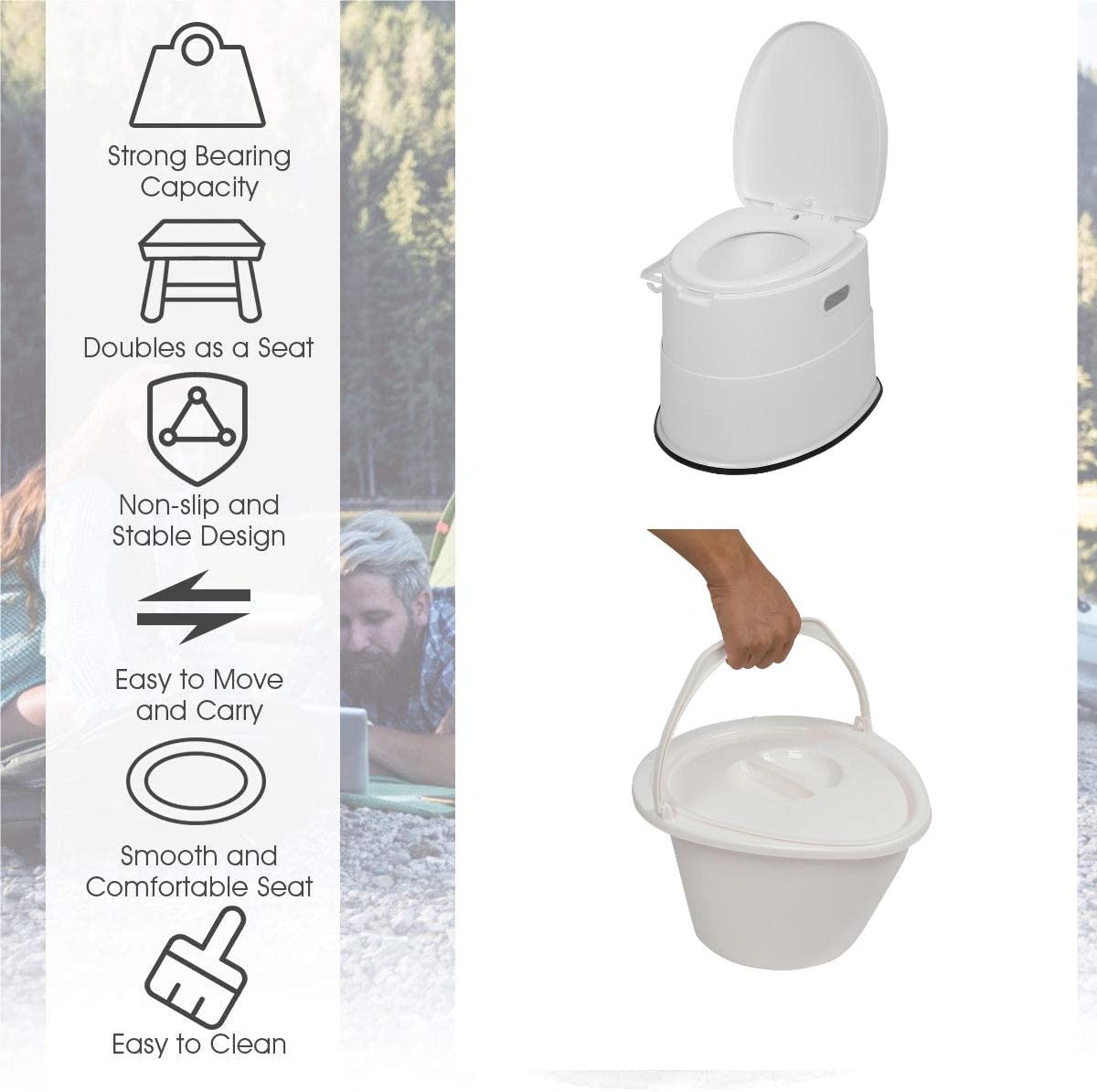 Portable Toilet for Camping & Travel - Lightweight Indoor Outdoor Commode with Detachable Inner Bucket & Removable Paper Holder - Perfect for RV, Boat, Emergency, Road Trips & Outdoor Adventures (White)