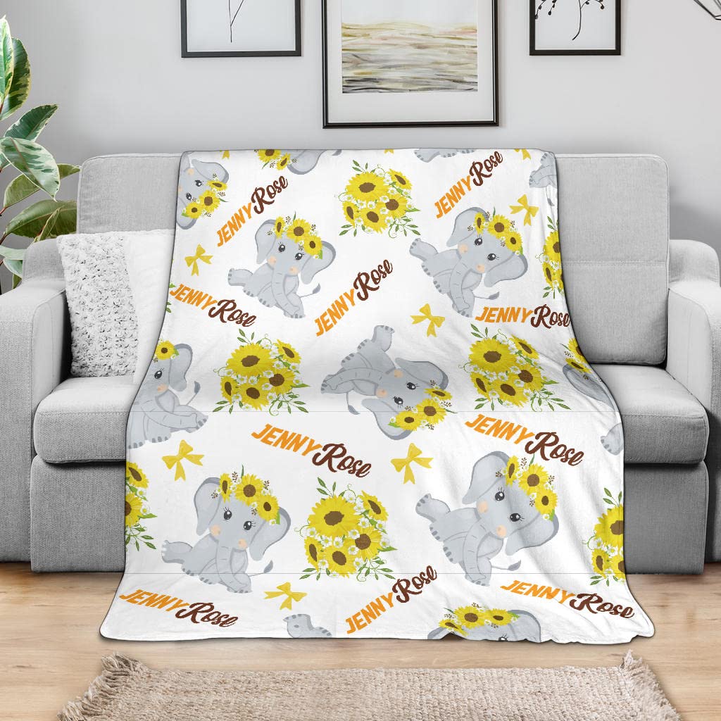 Personalized Sunflower Baby Elephant Blanket with Custom Name - Soft Nursery Blanket for Girls and Boys - Cute Elephant Design for Baby Shower, Newborn Gift, or Nursery Decor